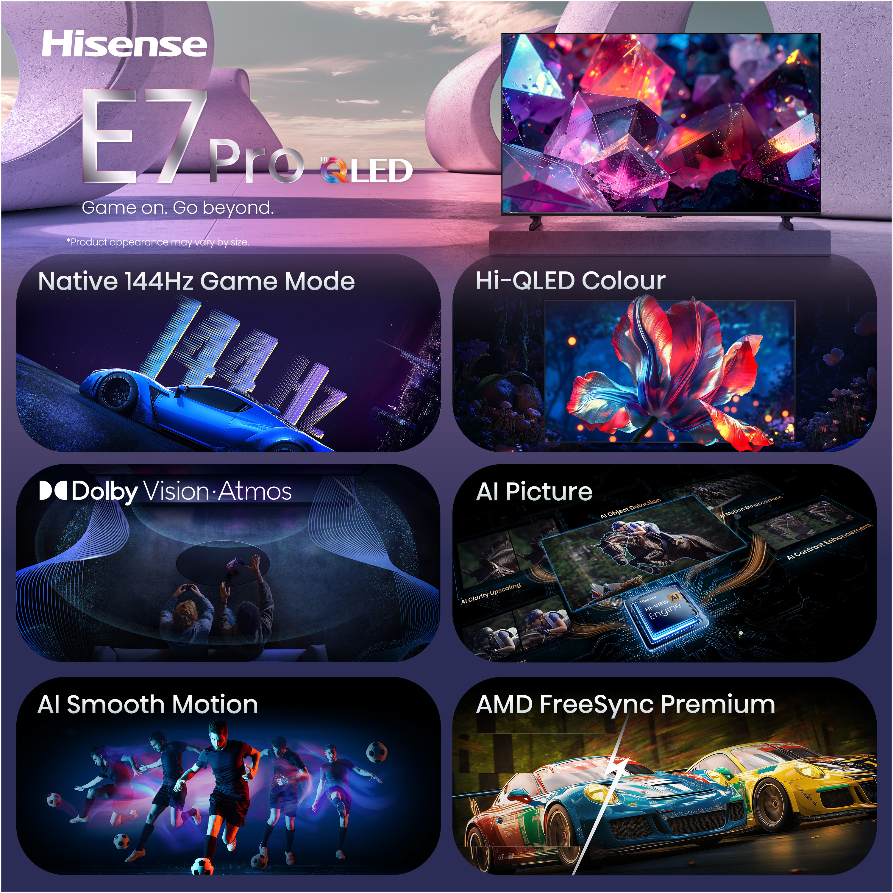 Oyun modu, Dolby Vision, AI görüntü ve AMD FreeSync Premium özellikli Hisense E7 Pro QLED TV.