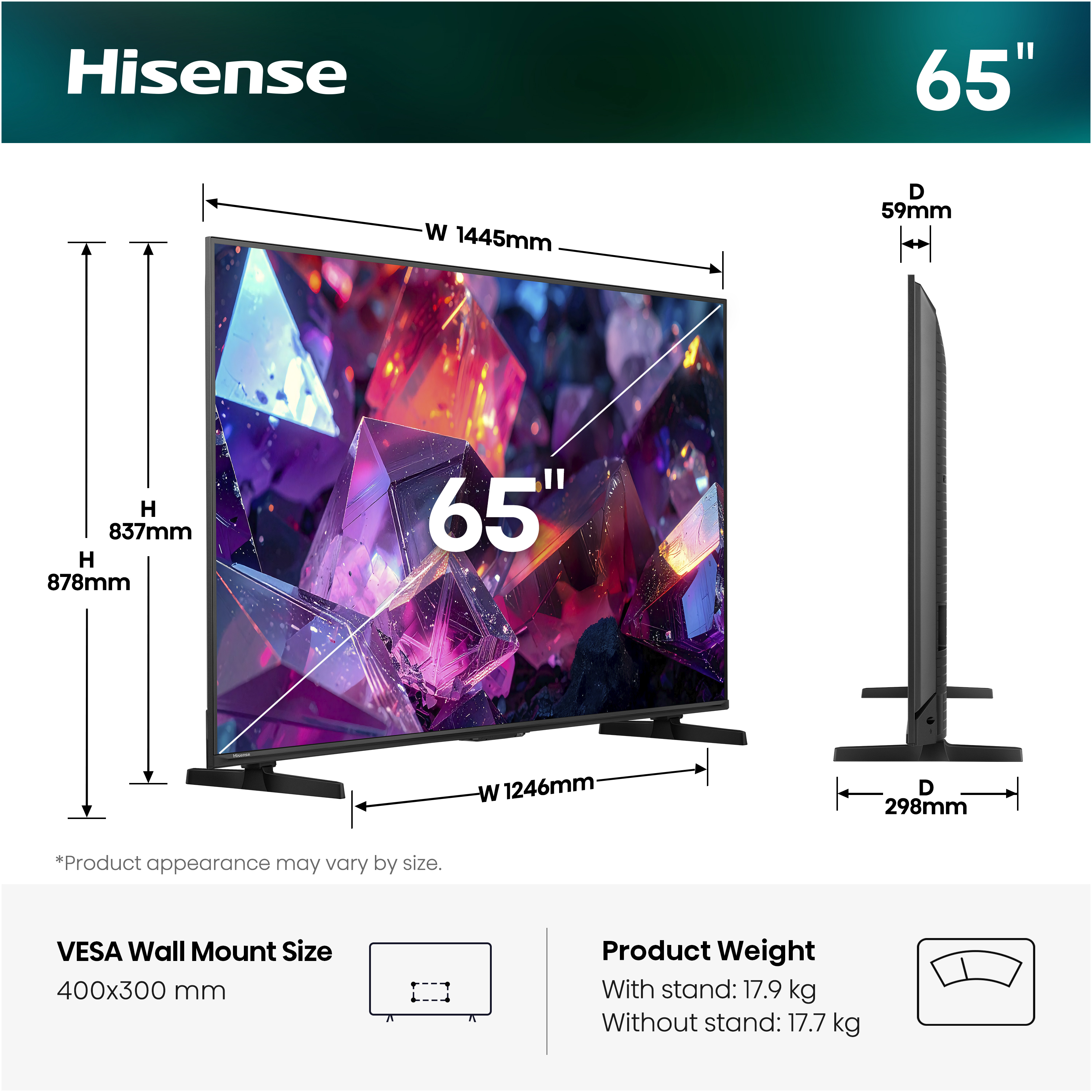 65 inç Hisense TV için boyutları, ağırlığı ve VESA montaj boyutunu gösteren şema.