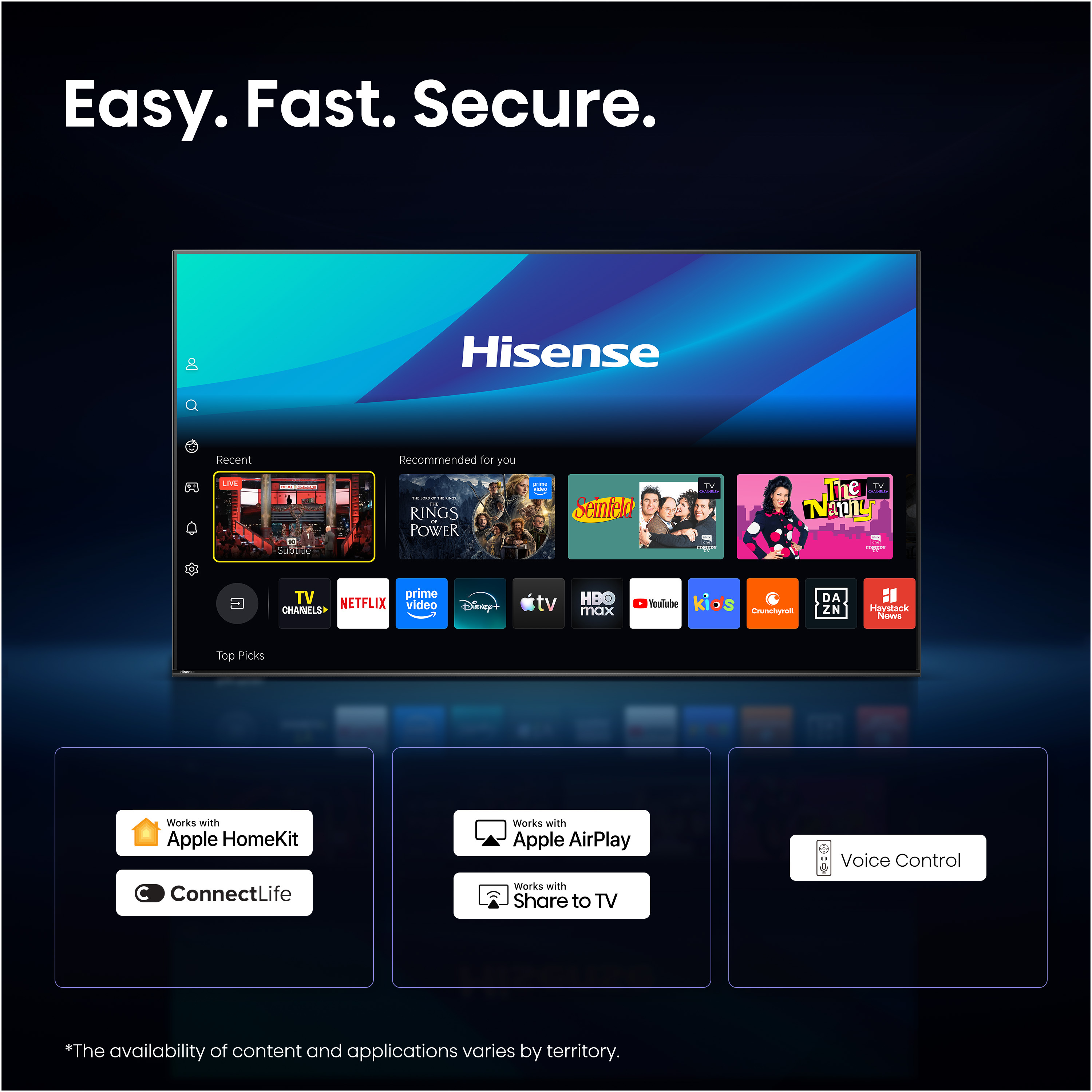 Netflix, Prime Video gibi uygulamaları gösteren Hisense akıllı TV, Apple HomeKit ve ses kontrolü desteğiyle.