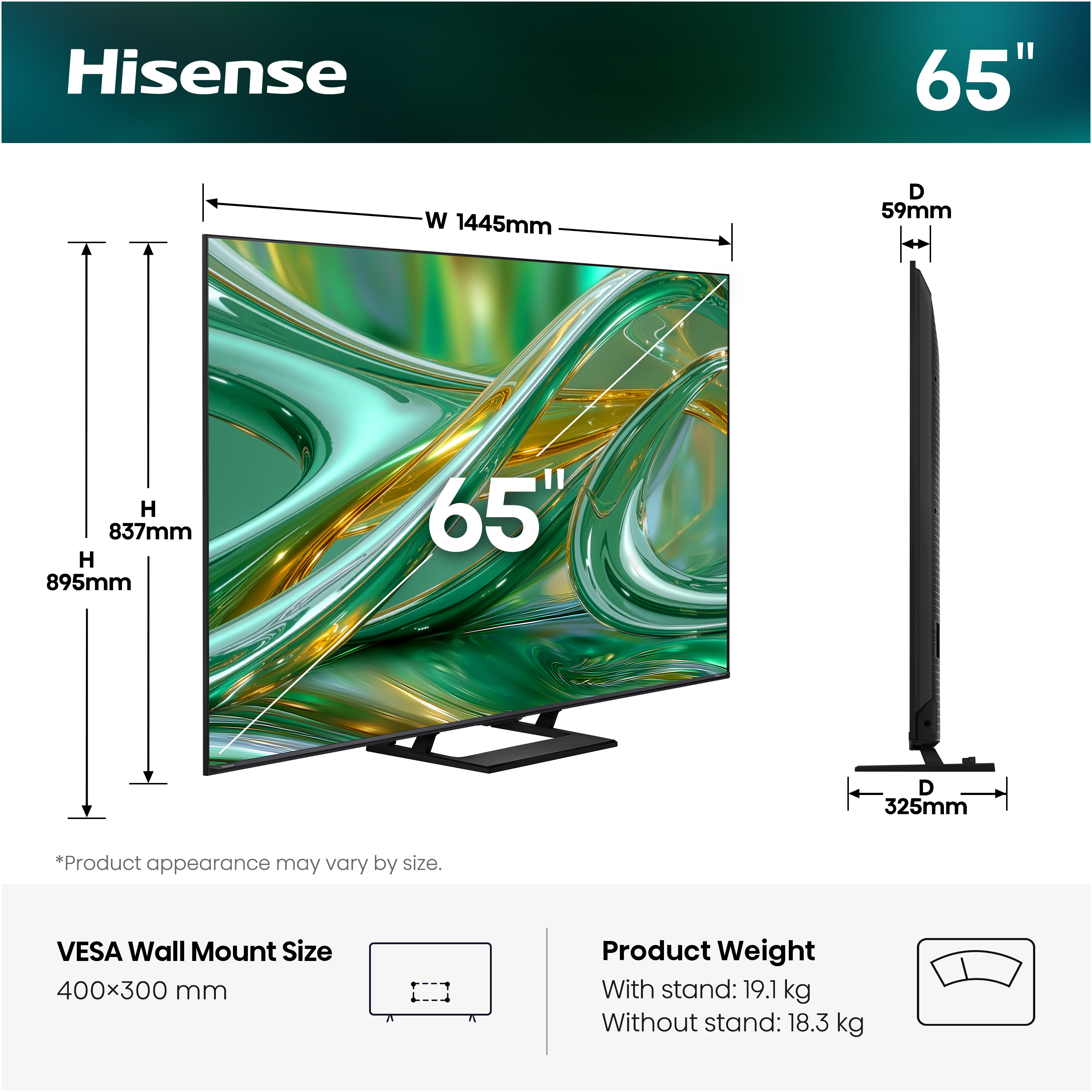 Diyagram, 65 inçlik bir Hisense TV'nin boyutlarını, ağırlığını ve VESA ölçüsünü gösterir.