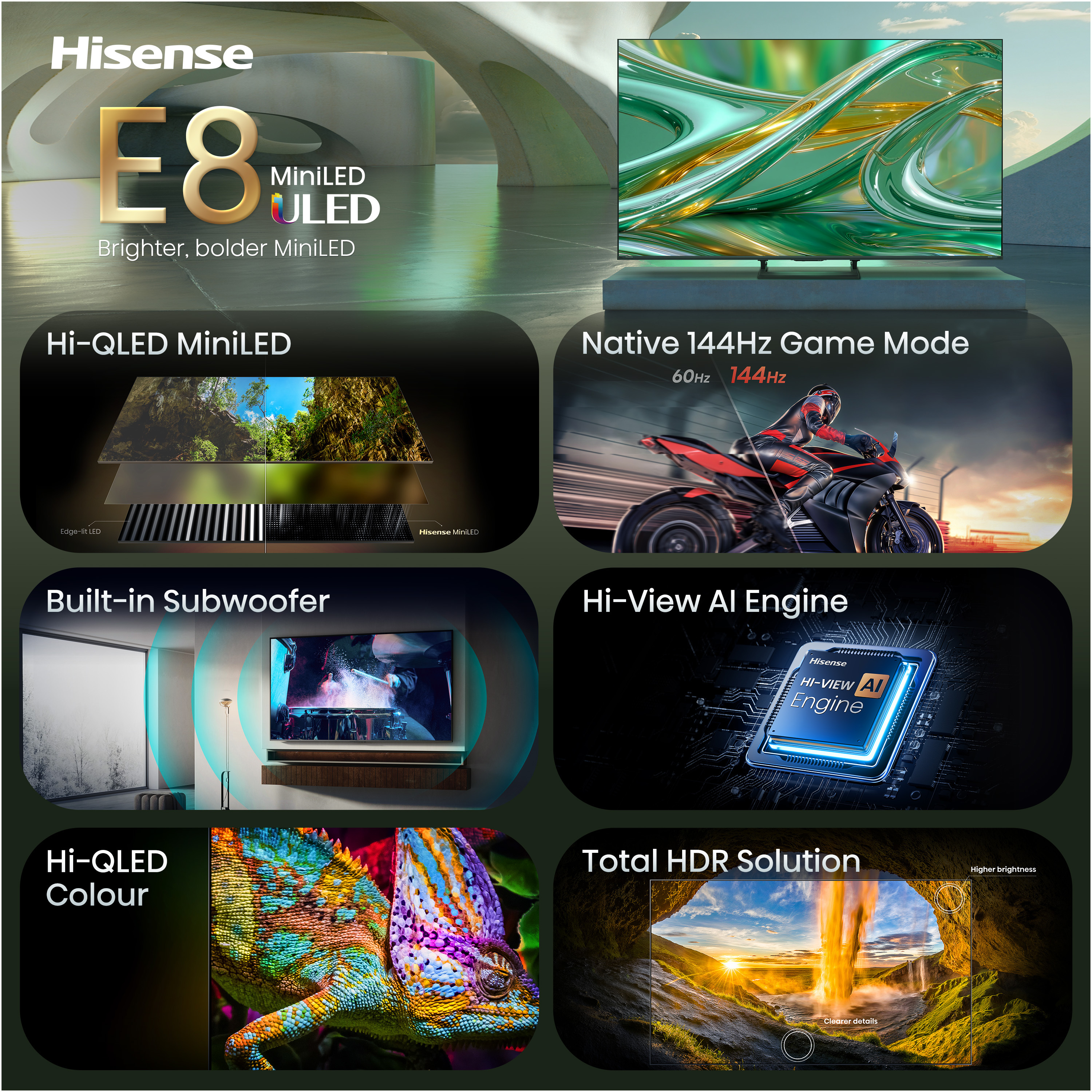 Hisense E8 MiniLED TV, Fütüristik arka planda oyun modu, yapay zeka motoru, subwoofer, renk ve HDR sunar.