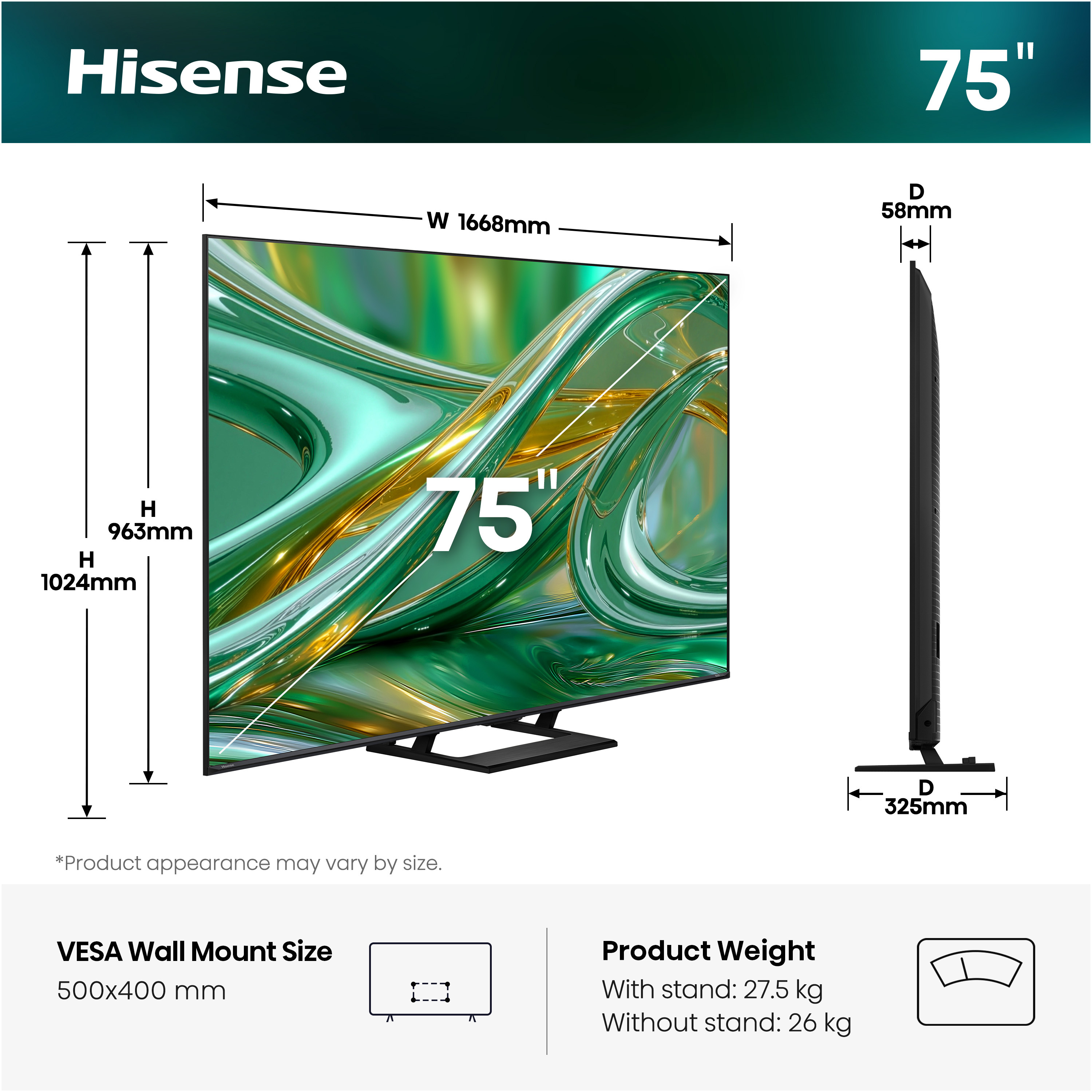 VESA boyutu ve ağırlığıyla Hisense 75 inç TV'nin teknik çizimi ve ölçüleri.