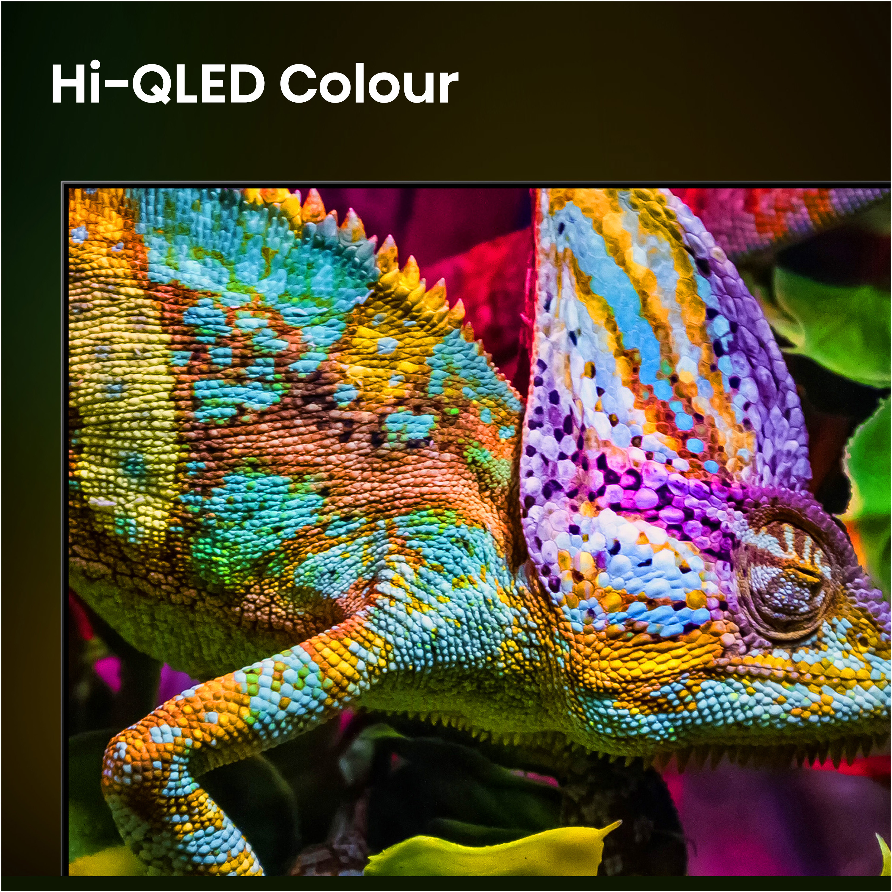 Mavi, sarı ve mor pullara sahip renkli bir bukalemunun yakın planı, "Hi-QLED Colour" yazısının altında.