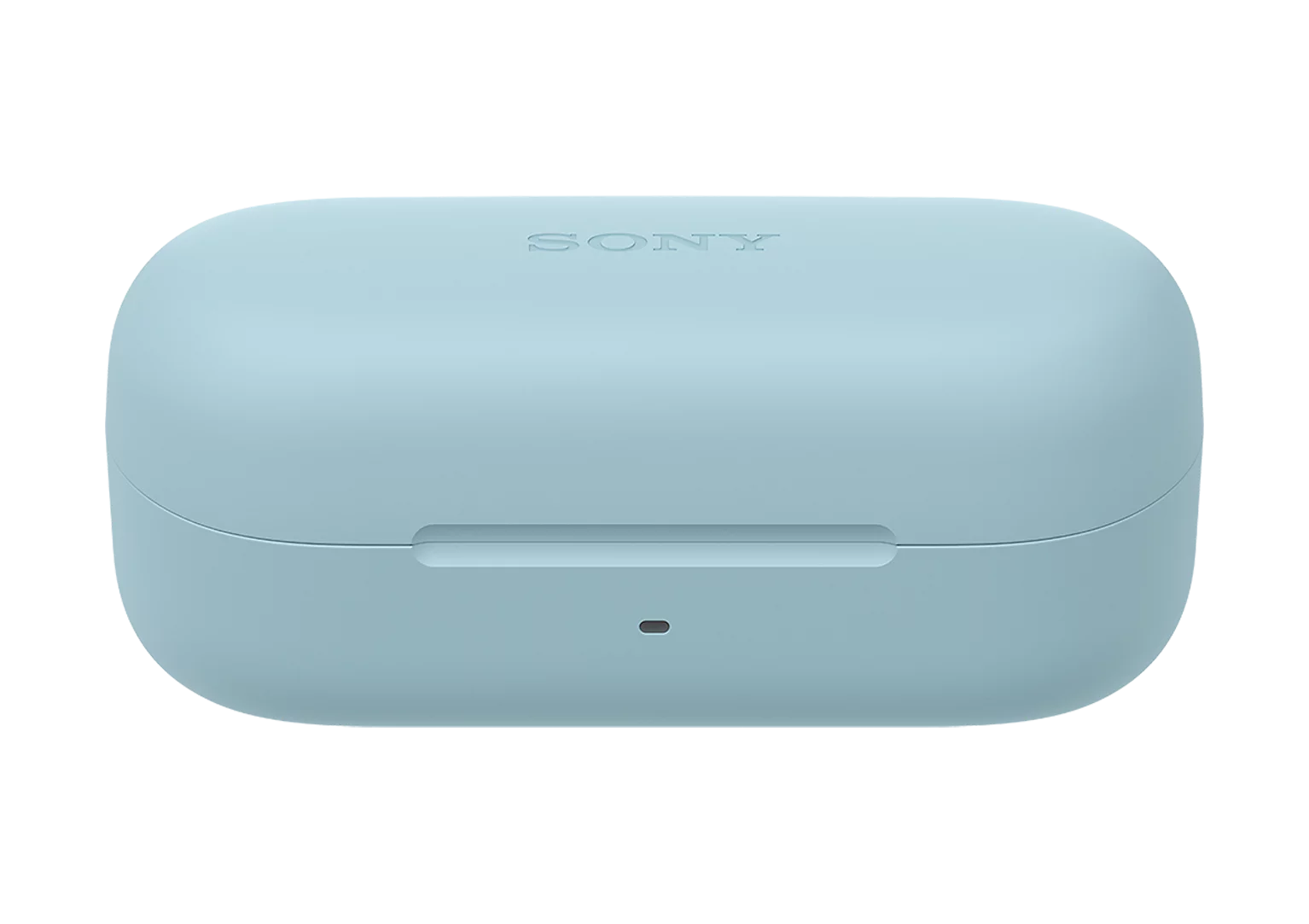 Siyah arka plan üzerinde ortalanmış, açık mavi, oval şekilli Sony kablosuz kulaklık şarj kutusu.