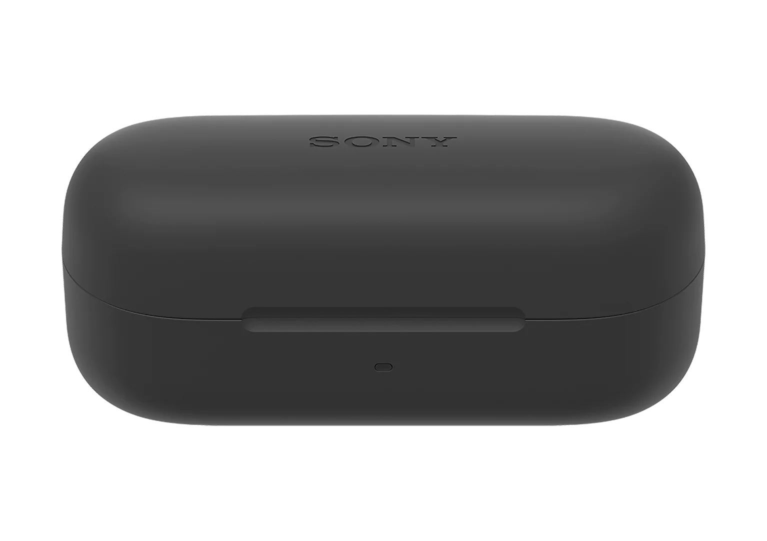 Siyah arka plan önünde, üstünde Sony logosu bulunan kapalı siyah Sony kulaklık şarj kutusu.
