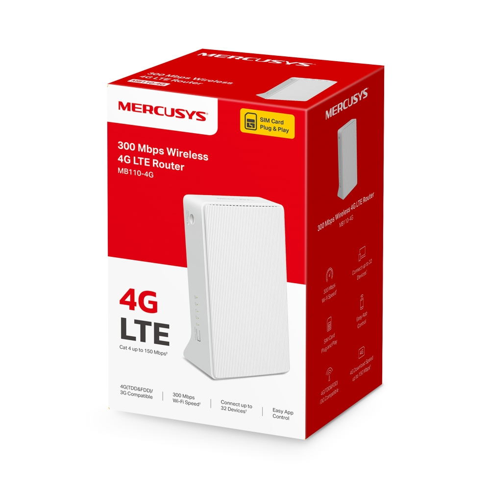 Czerwono-białe pudełko produktu dla bezprzewodowego routera 4G LTE Mercusys 300 Mb/s.