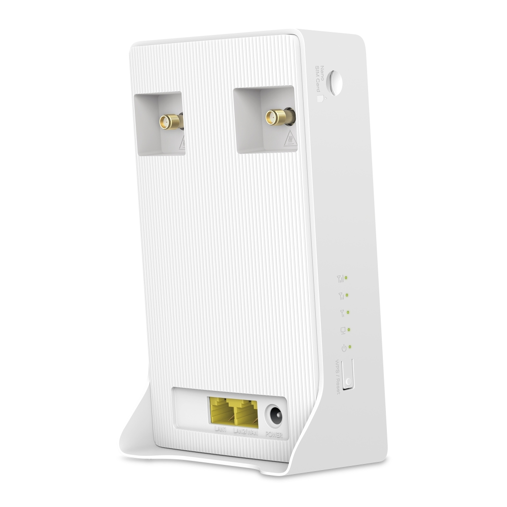 Biały router z dwoma portami antenowymi, portami LAN i wskaźnikami LED na białym tle.