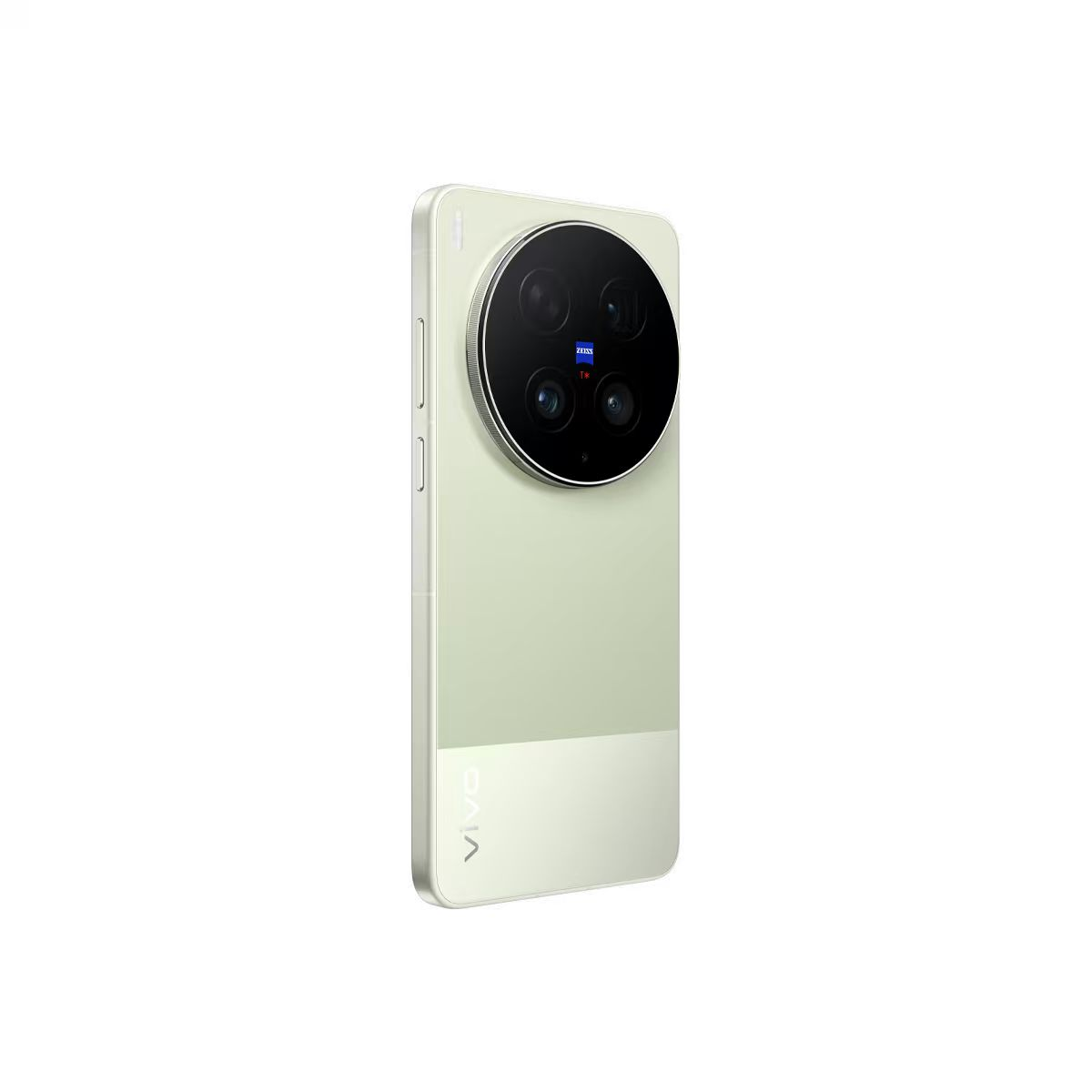 Üst kısmında büyük yuvarlak kamera modülü ve alt kısmında Vivo logosu bulunan açık yeşil bir Vivo akıllı telefonun arkası.