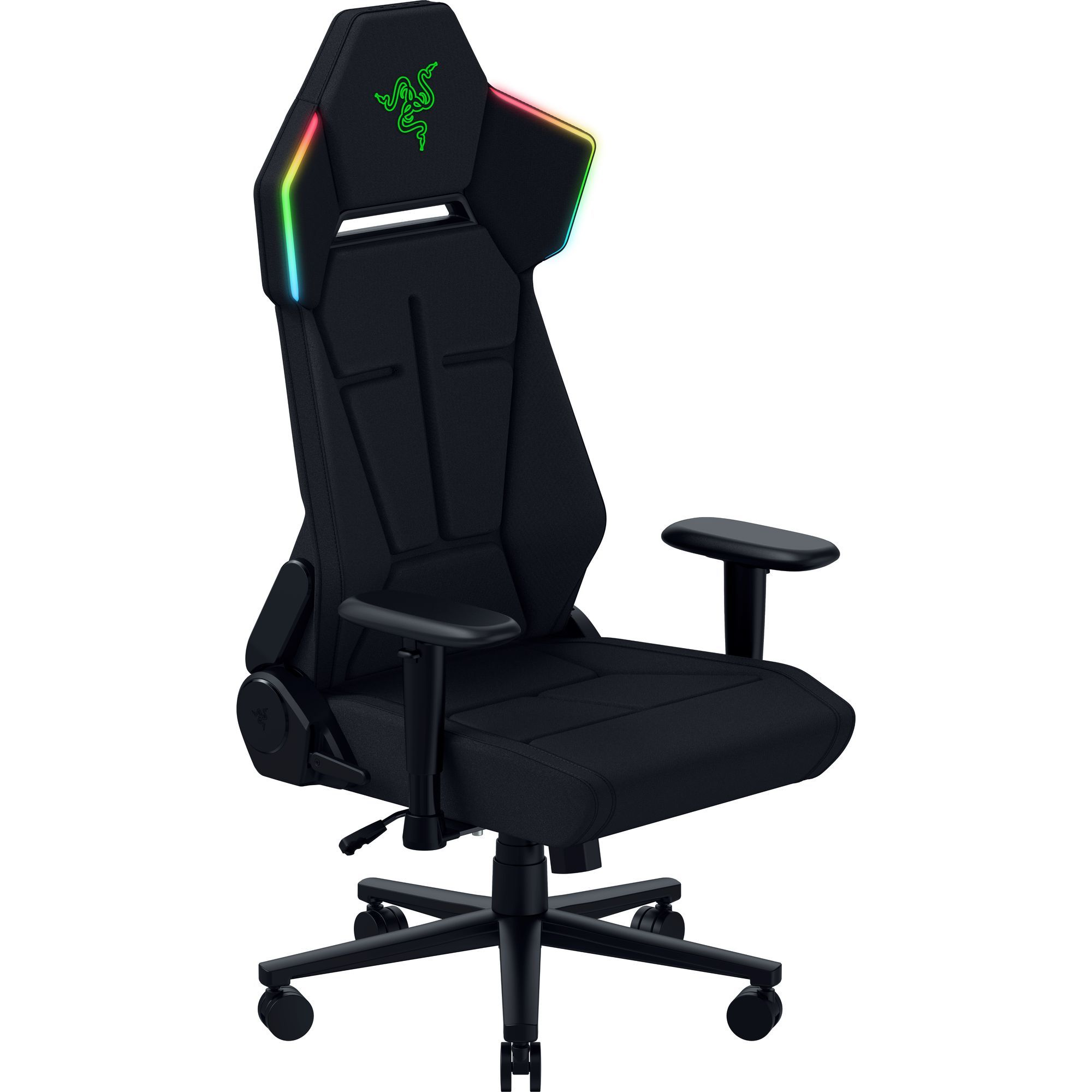 Kafalığında RGB aydınlatma ve beyaz arka planda yeşil Razer logosu olan siyah oyuncu koltuğu.