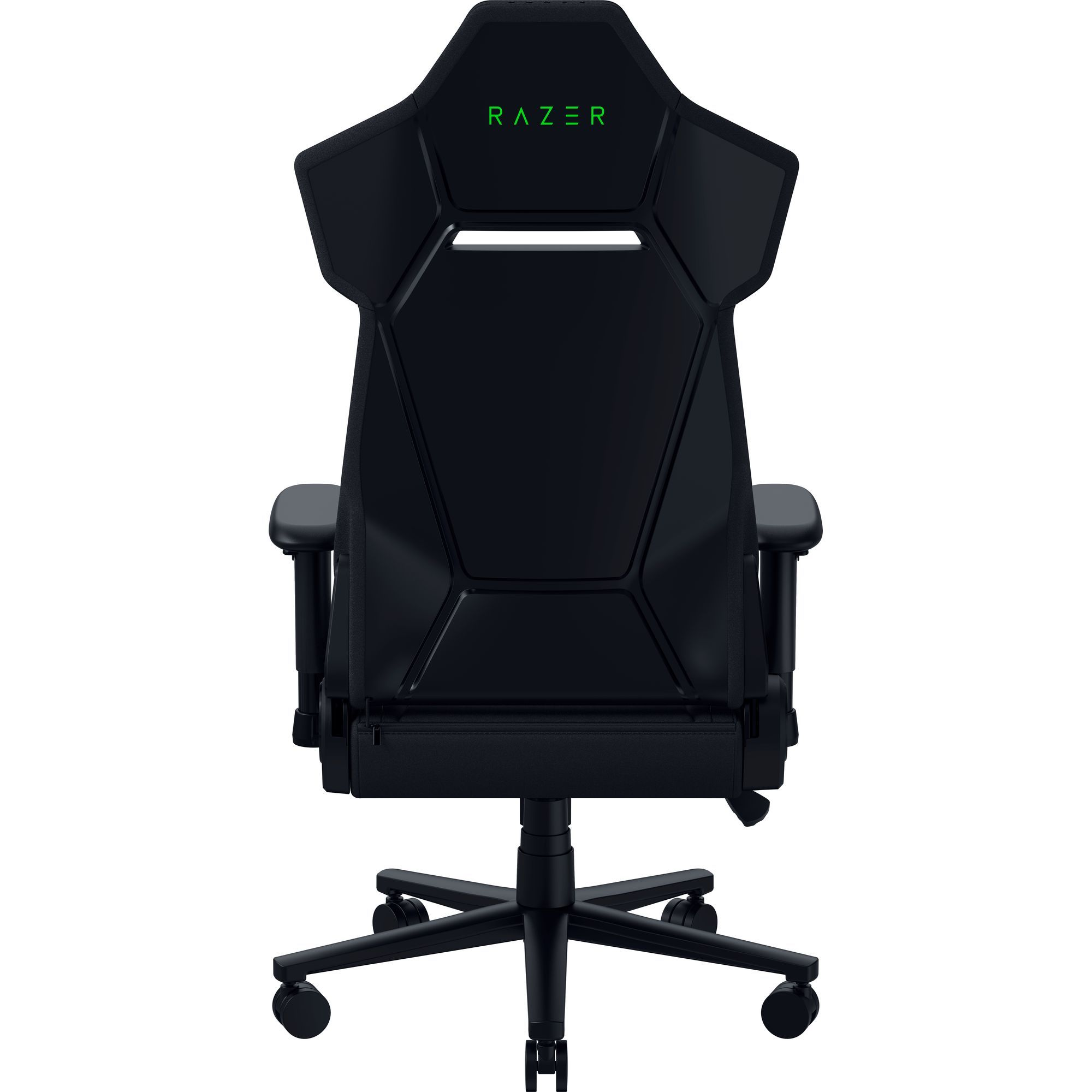 Kafalığında yeşil logo ve tekerlekli tabana sahip siyah Razer oyuncu koltuğunun arka görünümü.