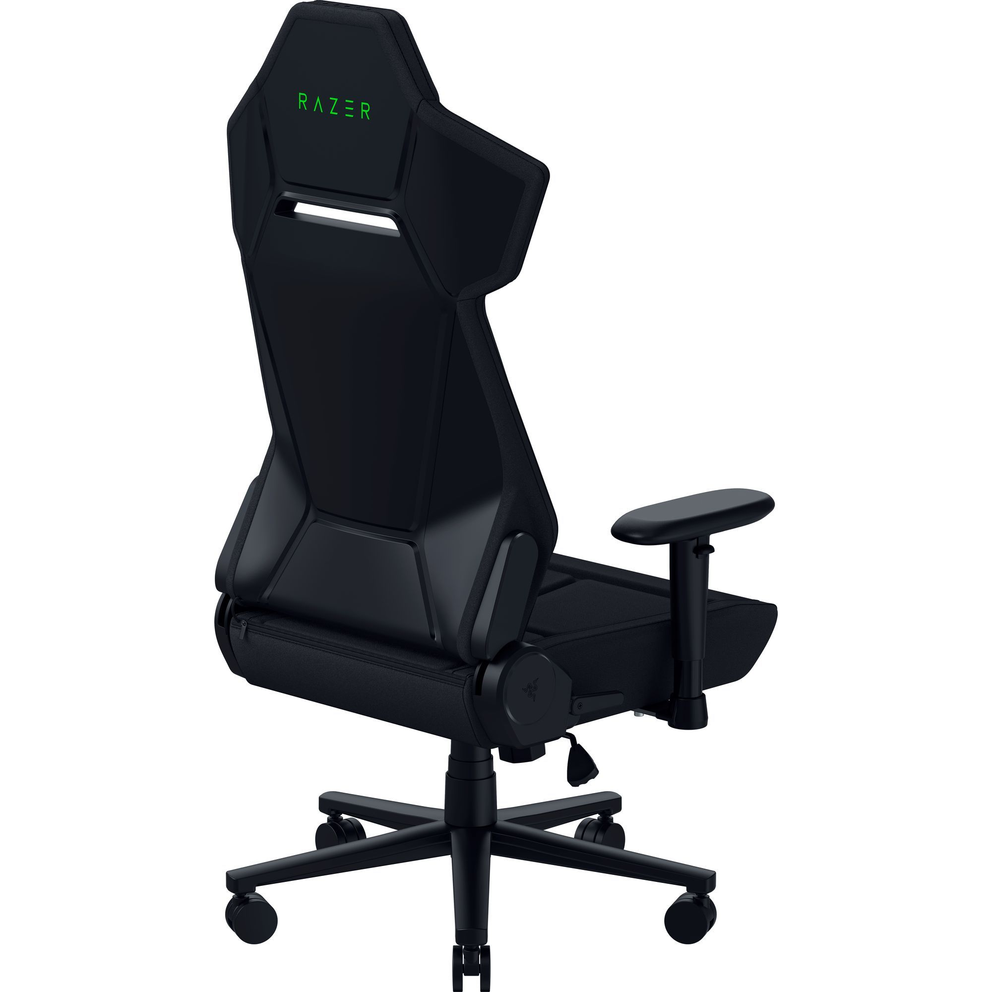 Baş desteğinde yeşil logo ve tekerlekleri olan, arkadan görünen siyah Razer oyuncu koltuğu.