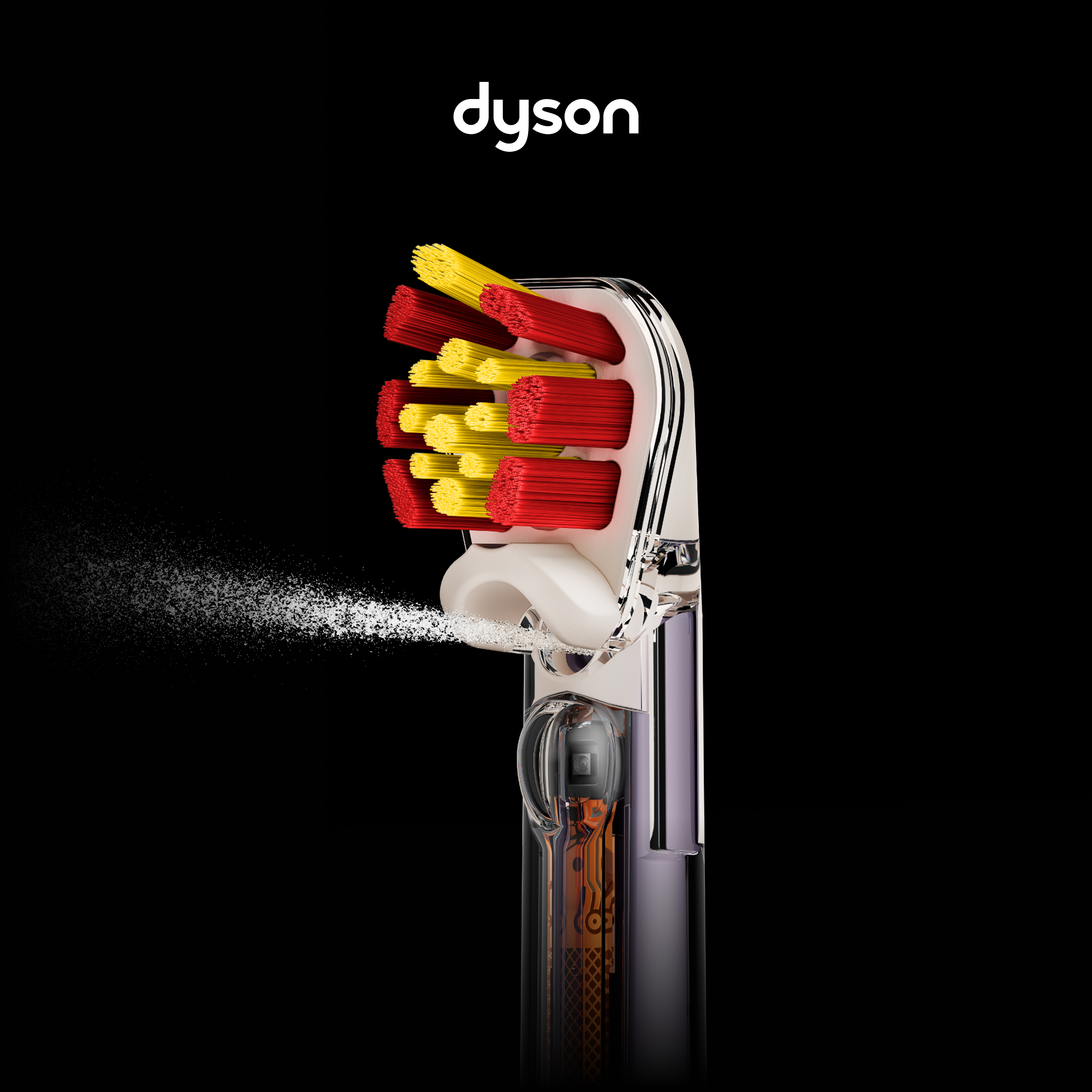 Dyson Zahnbürstenkopf mit roten und gelben Borsten und einem Wasser- oder Dampfstrahl auf schwarzem Hintergrund.