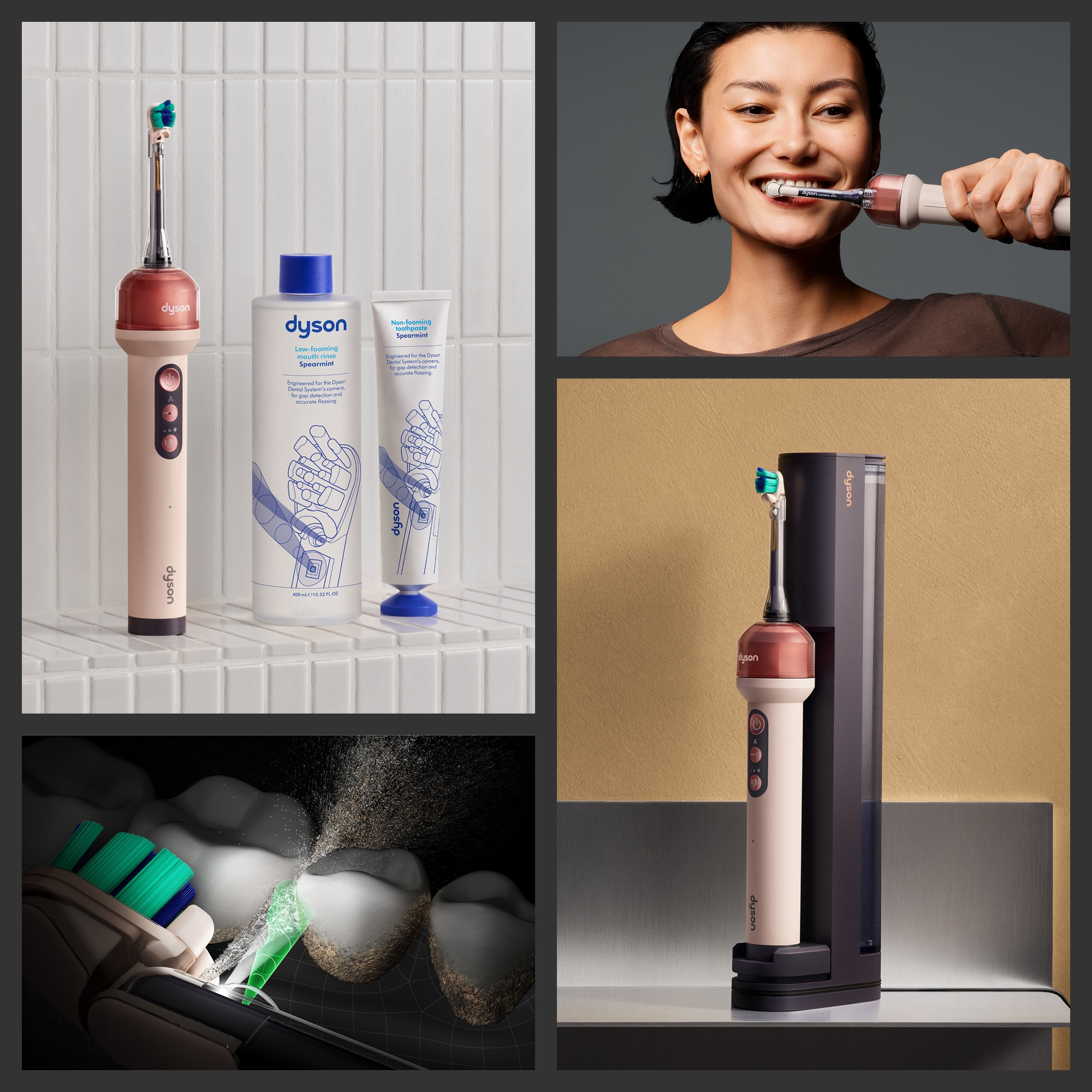 Collage zeigt Dyson-Mundpflegeprodukte: Zahnbürste, Mundwasser, Zahnpasta, eine anwendende Person und Detailansicht.