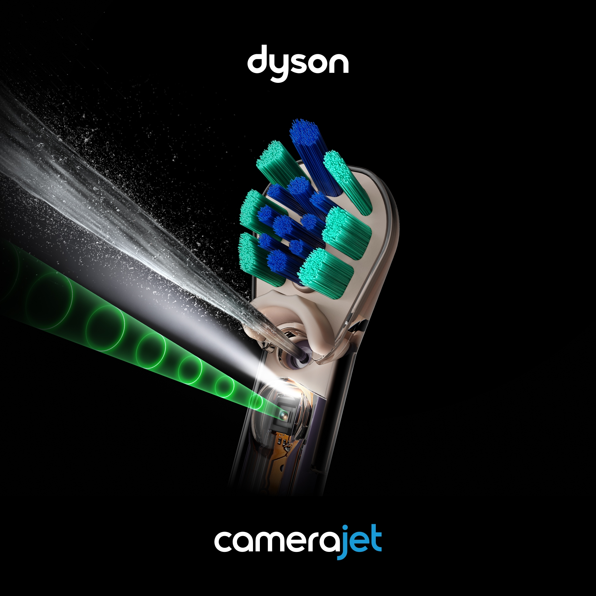 Dyson Camerajet-Zahnbürste mit blauen und grünen Borsten, integrierter Kamera und Wasserstrahl vor schwarzem Hintergrund.