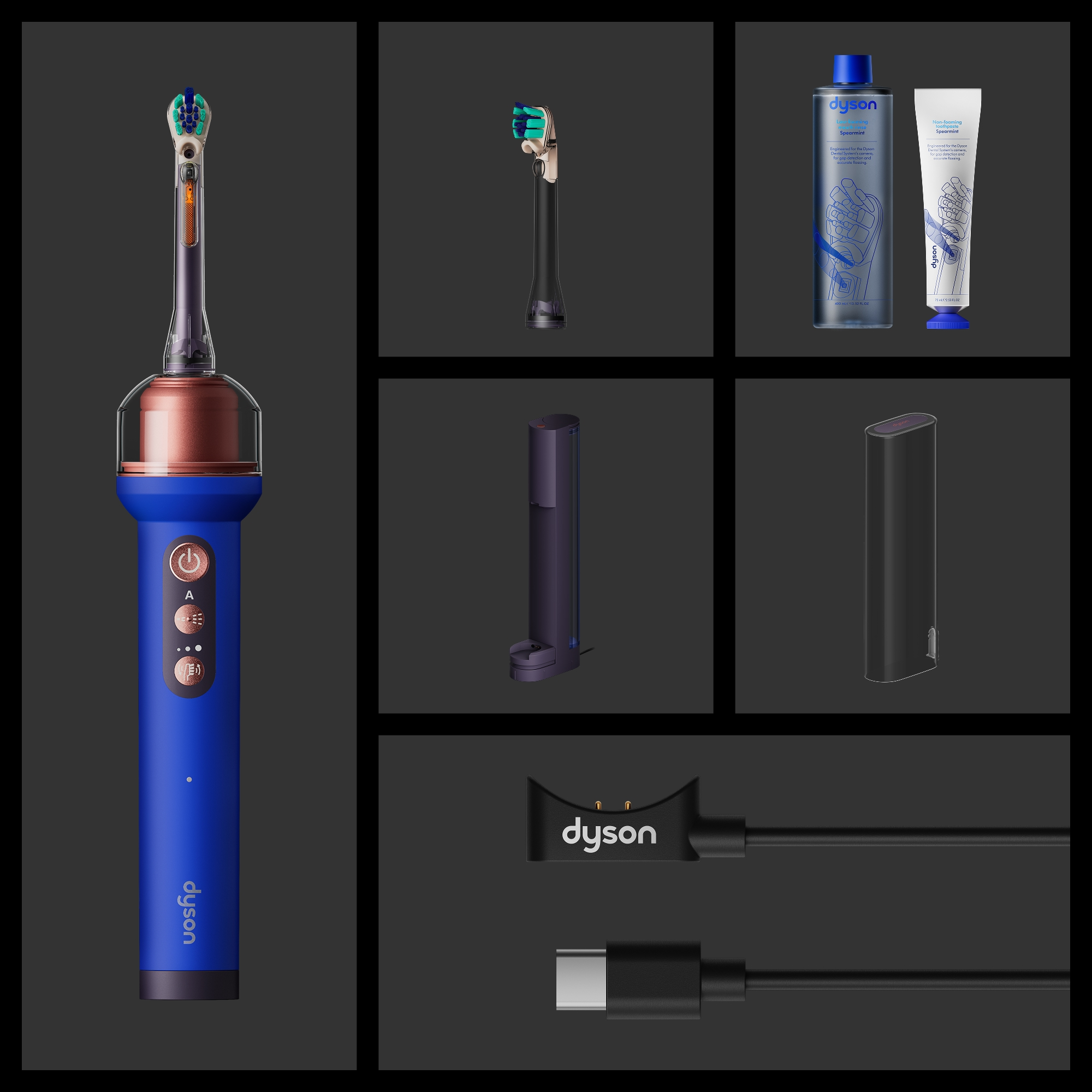 Blaue Dyson-Zahnbürste mit Ersatzteilen, Mundwasser, Zahnpasta und Ladegerät auf grauem Grund.