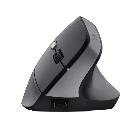USB-C bağlantı noktasına sahip gri ve siyah ergonomik dikey fare.