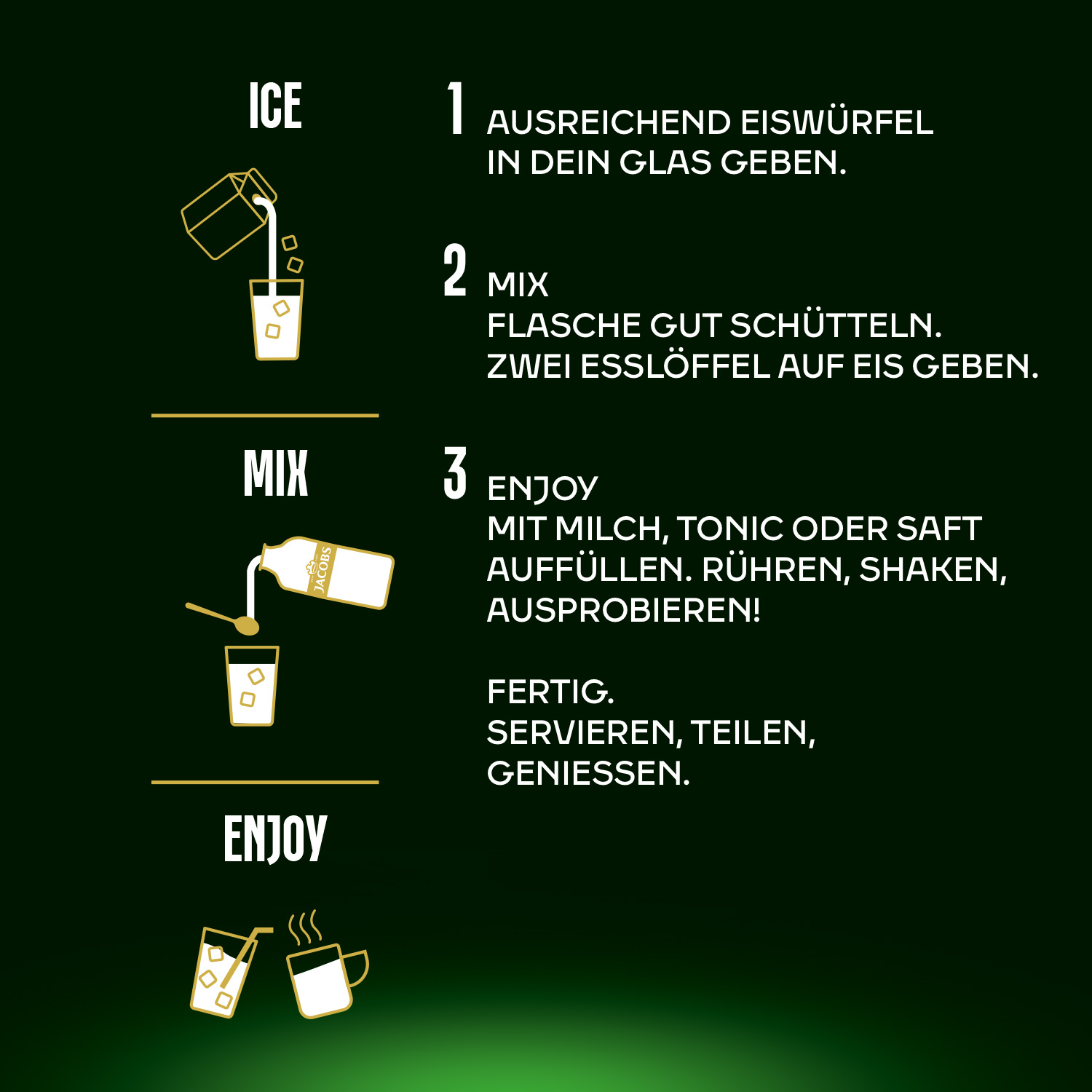 Anleitung in drei Schritten für Eiskaffee: Eis hinzufügen, mixen mit Jacobs Konzentrat, mit Milch oder Saft genießen.