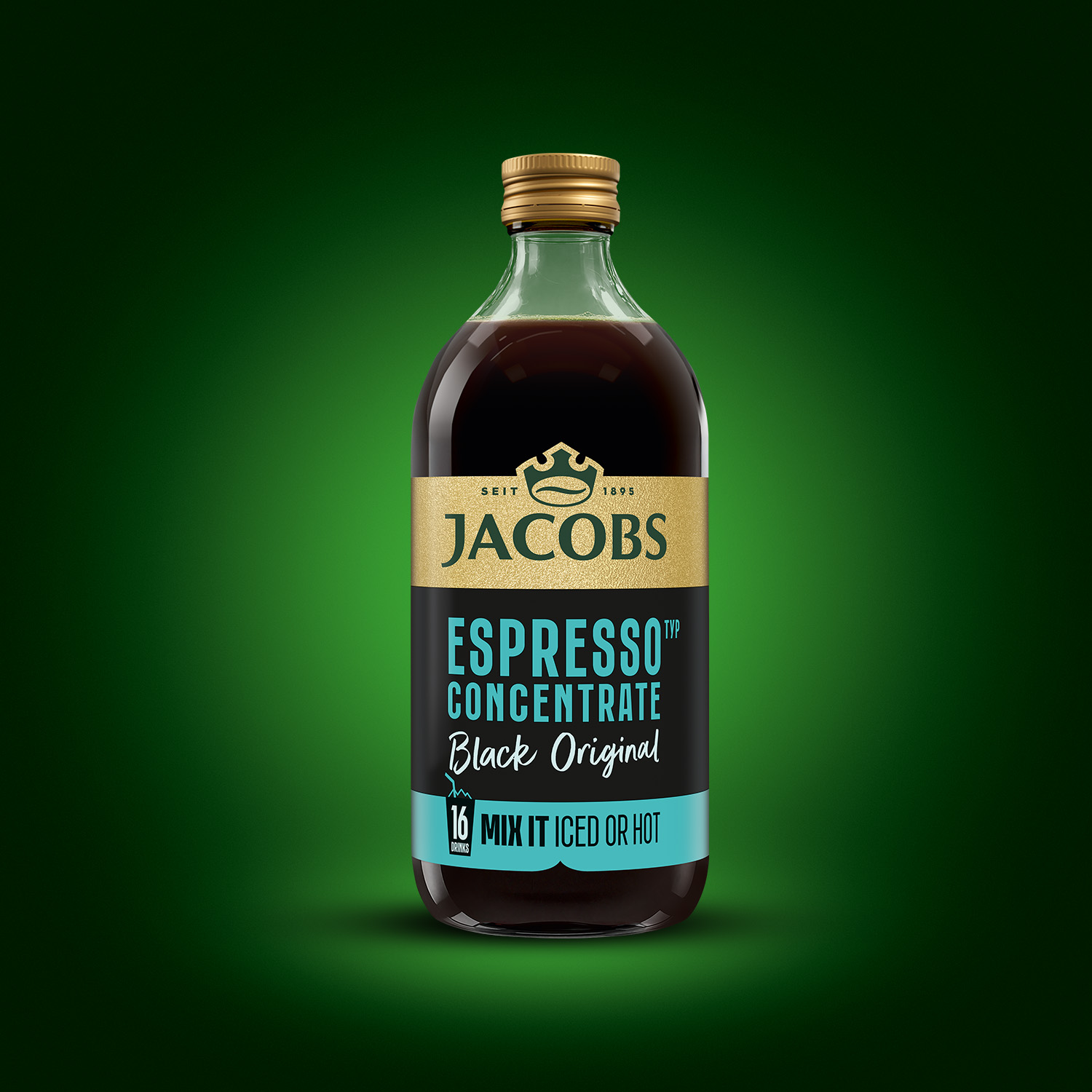 Glasflasche mit Jacobs Espresso-Konzentrat auf grünem Hintergrund.