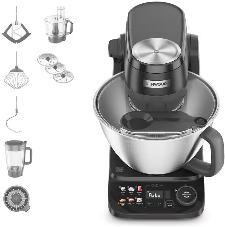 Robot da cucina Kenwood grigio scuro con ciotola in acciaio inox e accessori a sinistra, su sfondo bianco.