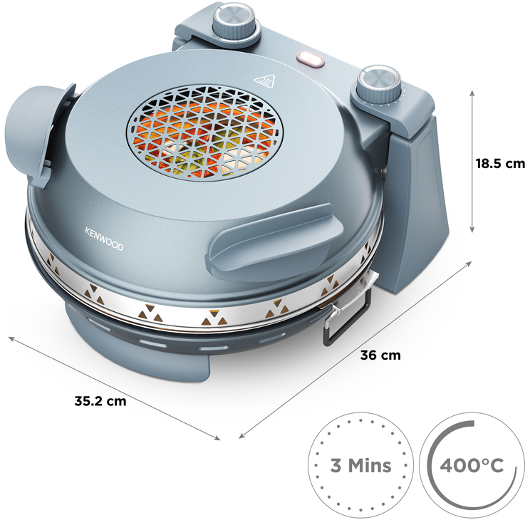 Forno per pizza Kenwood azzurro con manopole, sfiati e dimensioni 35,2x36x18,5 cm, raggiunge i 400°C in 3 min.