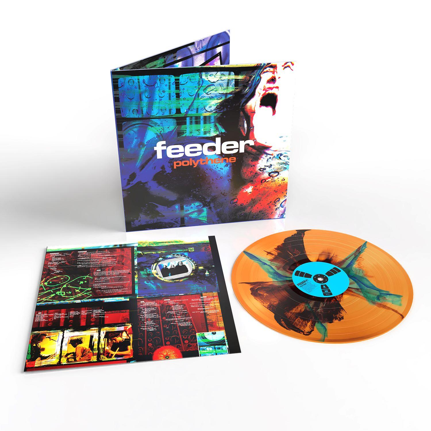 Feeder Polythene Vinyl-Album, Klappcover, Textbeilage und orange marmorierte Schallplatte auf weißem Grund.