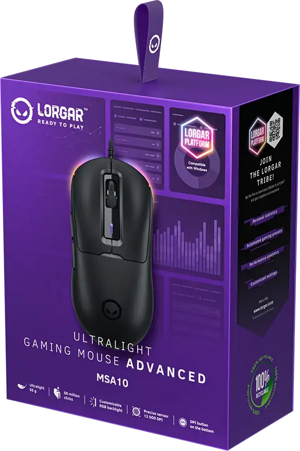 Egy lila doboz a Lorgar MSA10 Ultralight Gaming egérhez, előlapján az egér képével.