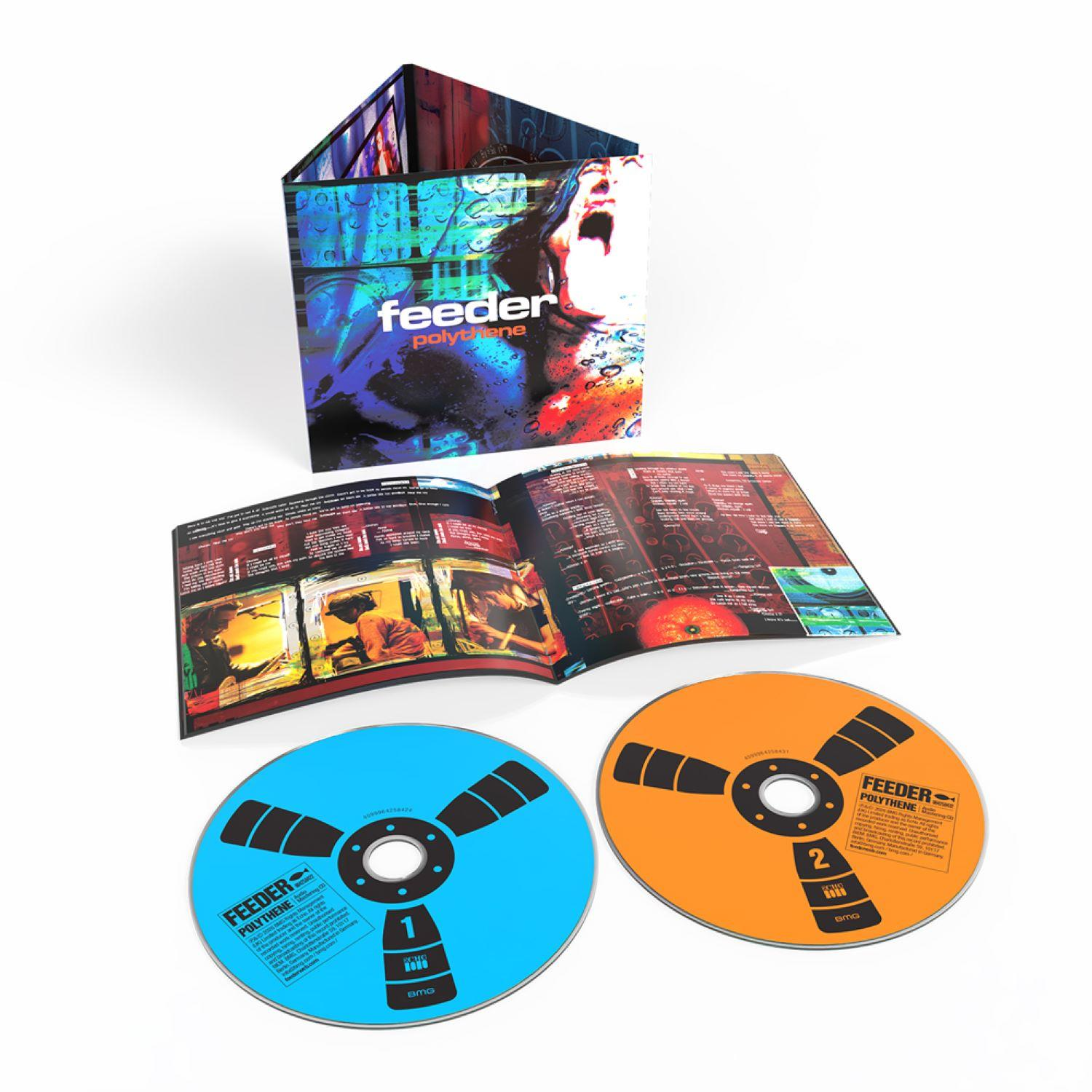 Album-Set von Feeder Polythene mit aufgeklappter Hülle, Booklet und zwei bunten CDs.