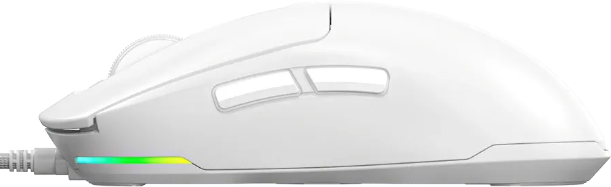 Fehér gamer egér két oldalsó gombbal és RGB világítással fekete háttéren.