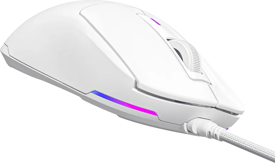 Egy fehér gamer egér LED világítással és csatlakoztatott kábellel fekete háttér előtt.