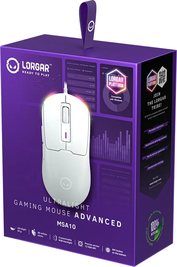 Lorgar MSA10 ultrakönnyű egér világoslila dobozban, fehér egérrel és RGB háttérvilágítással.
