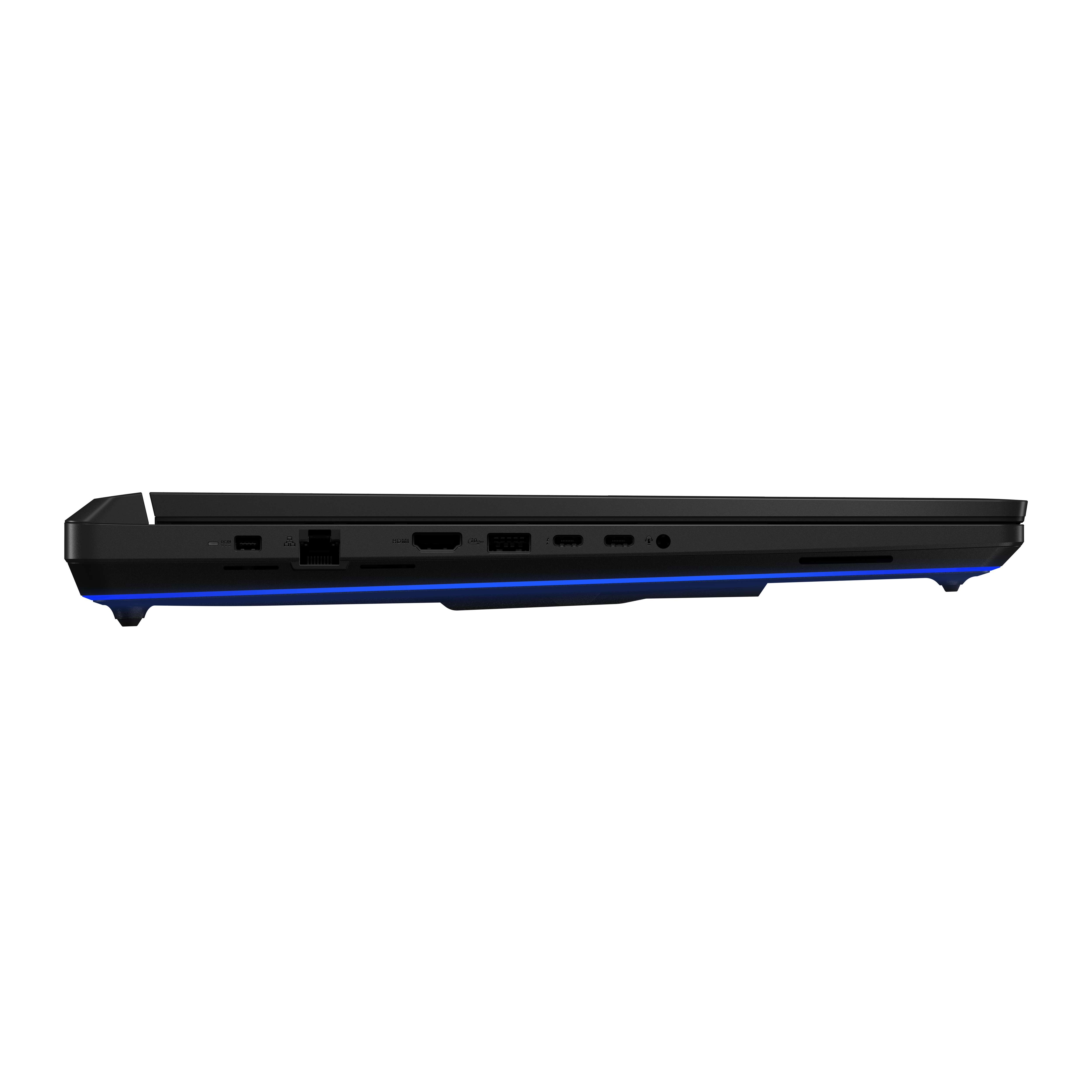 Linke Seite eines schwarzen Laptops mit blauer LED-Beleuchtung und verschiedenen Anschlüssen auf schwarzem Hintergrund.