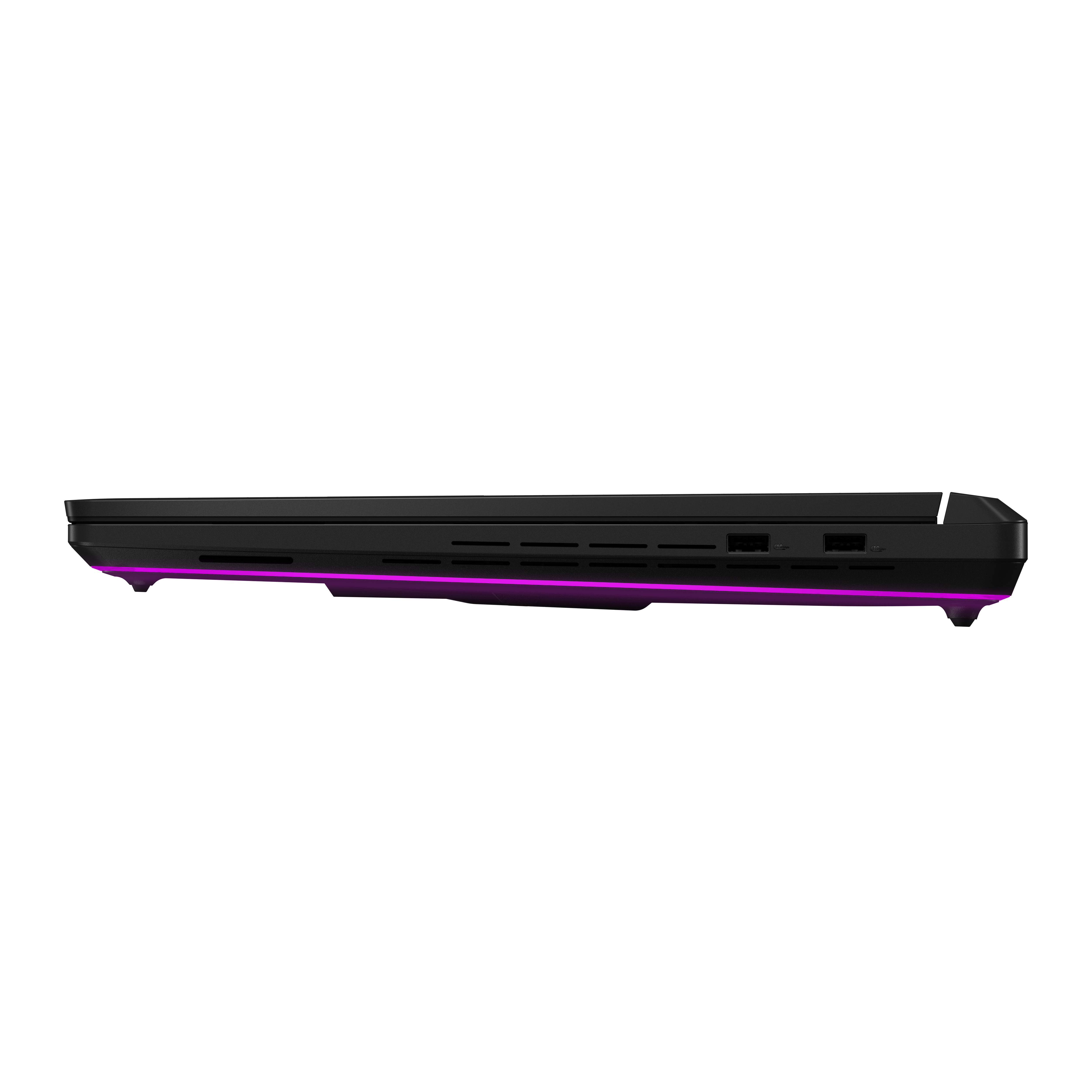 Seitenansicht eines schwarzen Laptops mit violettem LED-Licht an der Unterseite vor schwarzem Hintergrund.