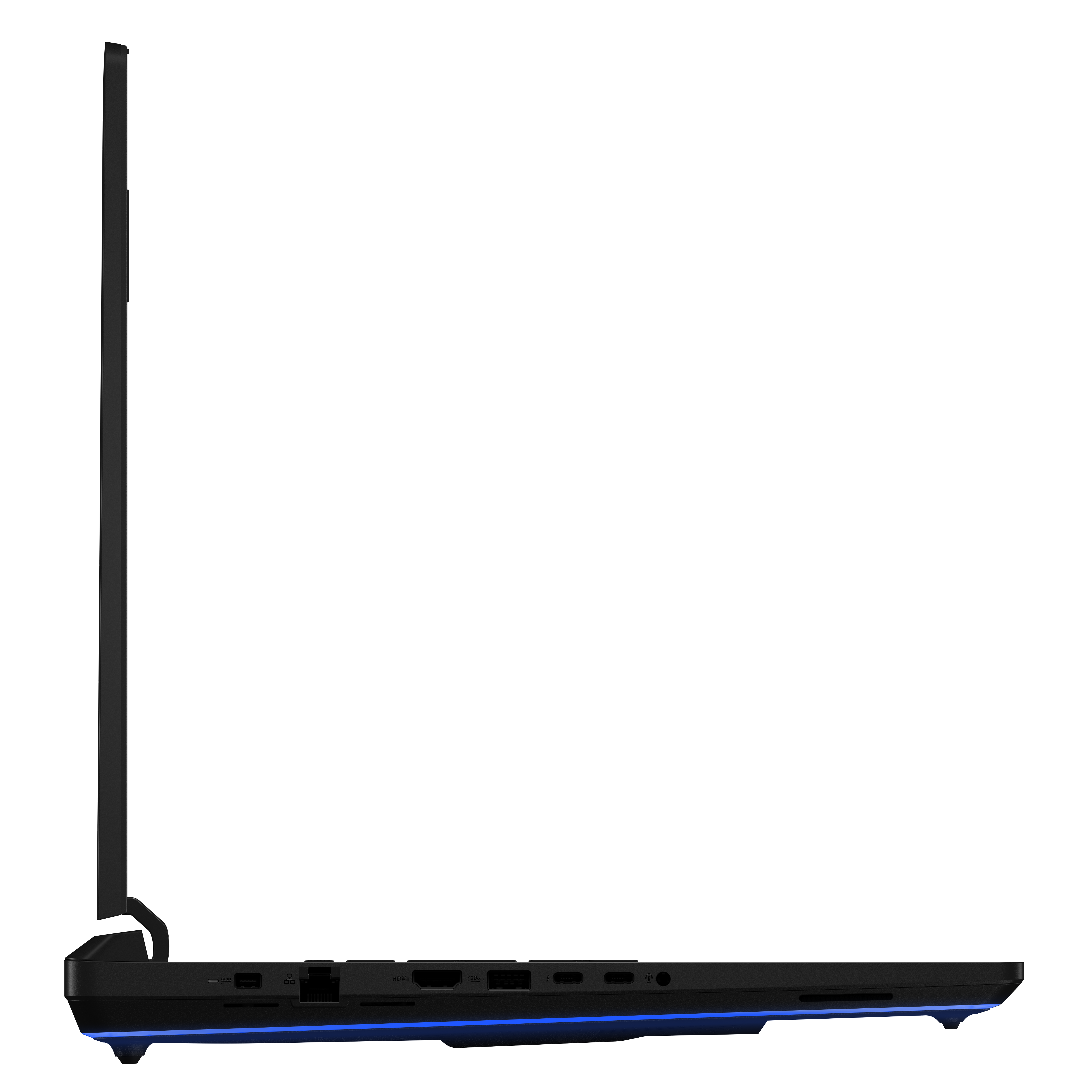 Linke Seite eines schwarzen Laptops mit Anschlüssen und blauer Unterbodenbeleuchtung vor schwarzem Hintergrund.