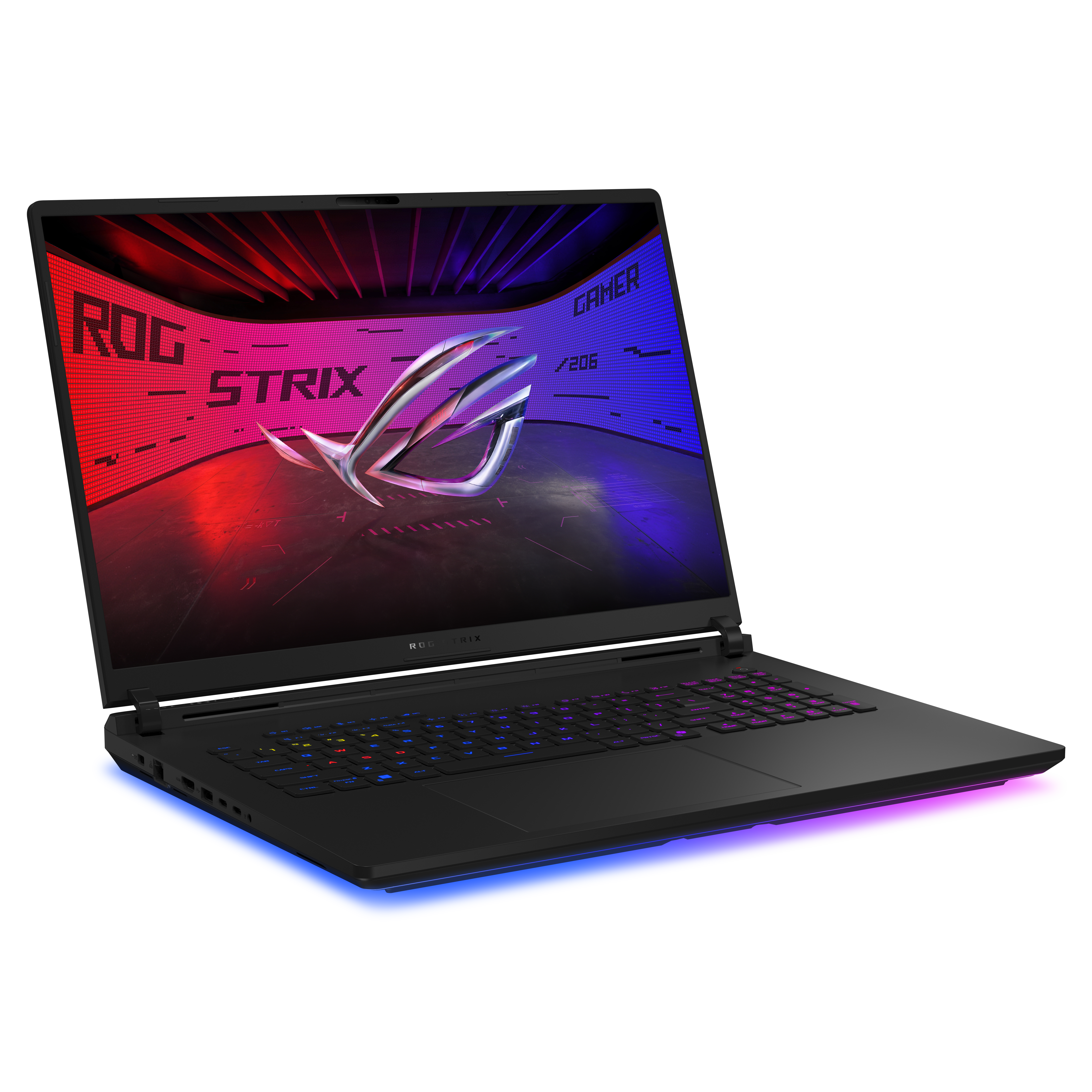Ein schwarzer ROG Strix Gaming-Laptop zeigt ein ROG-Logo auf dem Bildschirm und hat RGB-Beleuchtung.