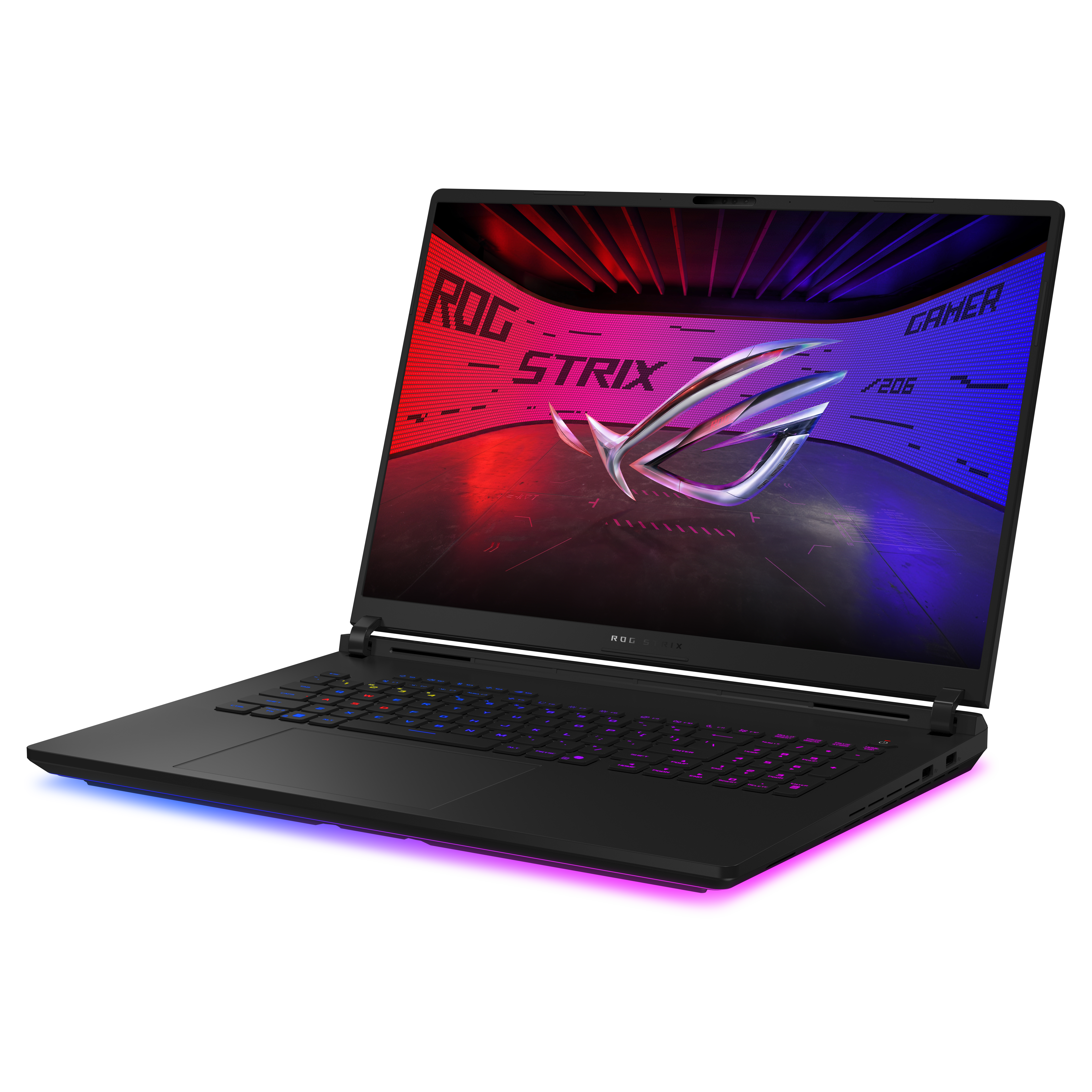 Ein schwarzer Gaming-Laptop mit ROG Strix-Logo auf dem Bildschirm und RGB-Beleuchtung auf weißem Hintergrund.