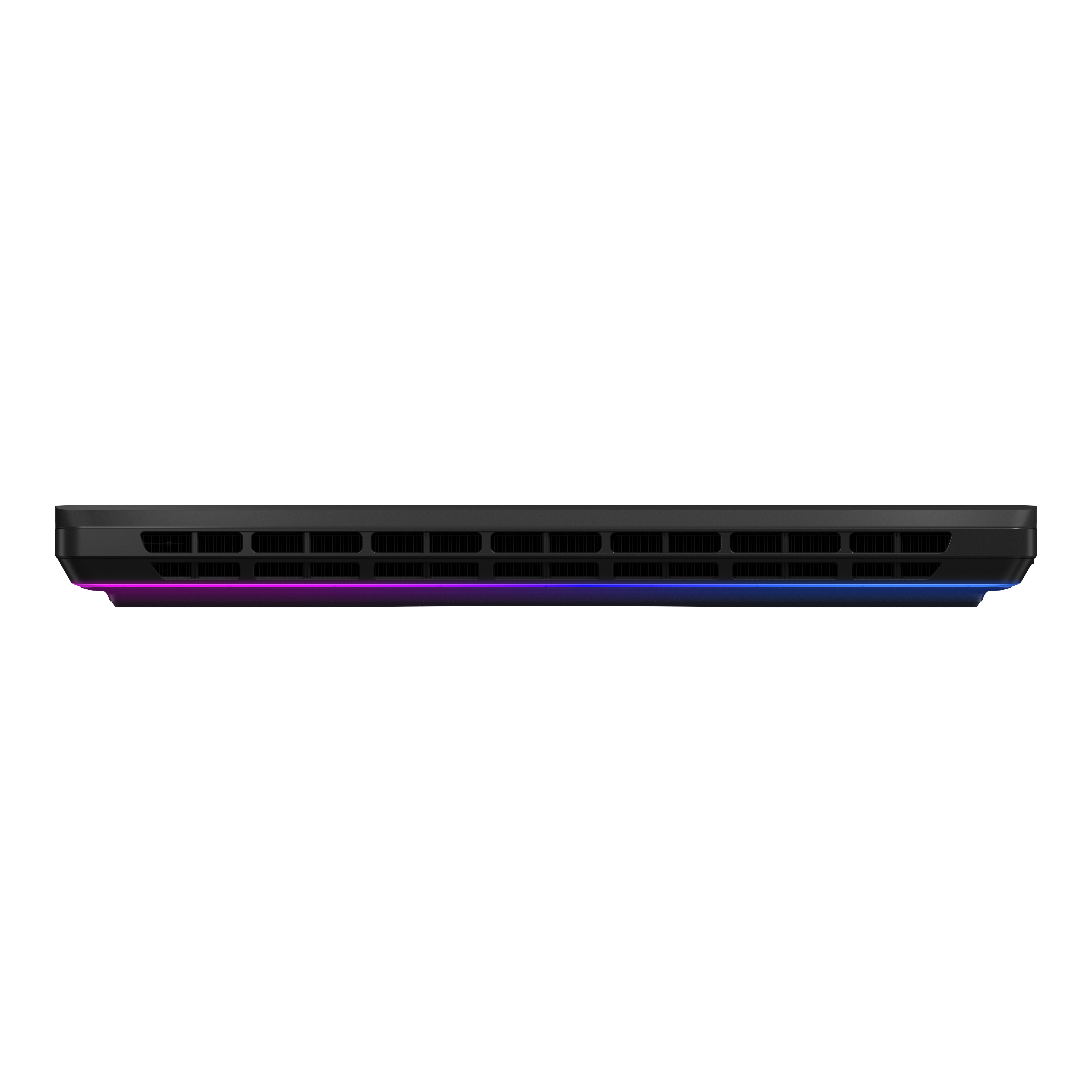 Rückseite eines schwarzen Laptops mit Lüftungsschlitzen und einer blau-pink leuchtenden LED-Leiste auf schwarzem Grund.