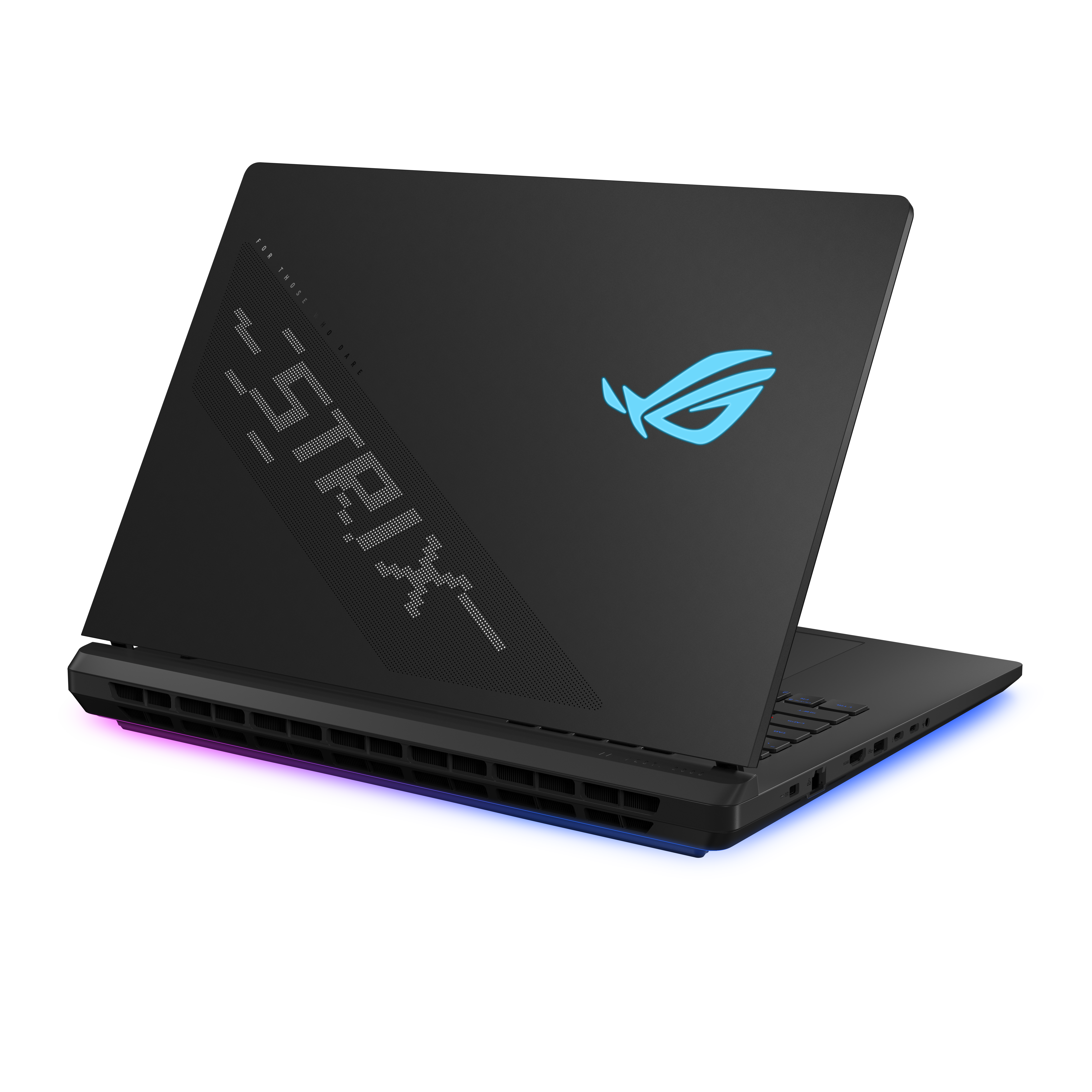 Ein schwarzer ASUS ROG Strix Laptop mit leuchtend blauem Logo und Punktmatrix-Text auf dem Deckel vor dunklem Hintergrund.