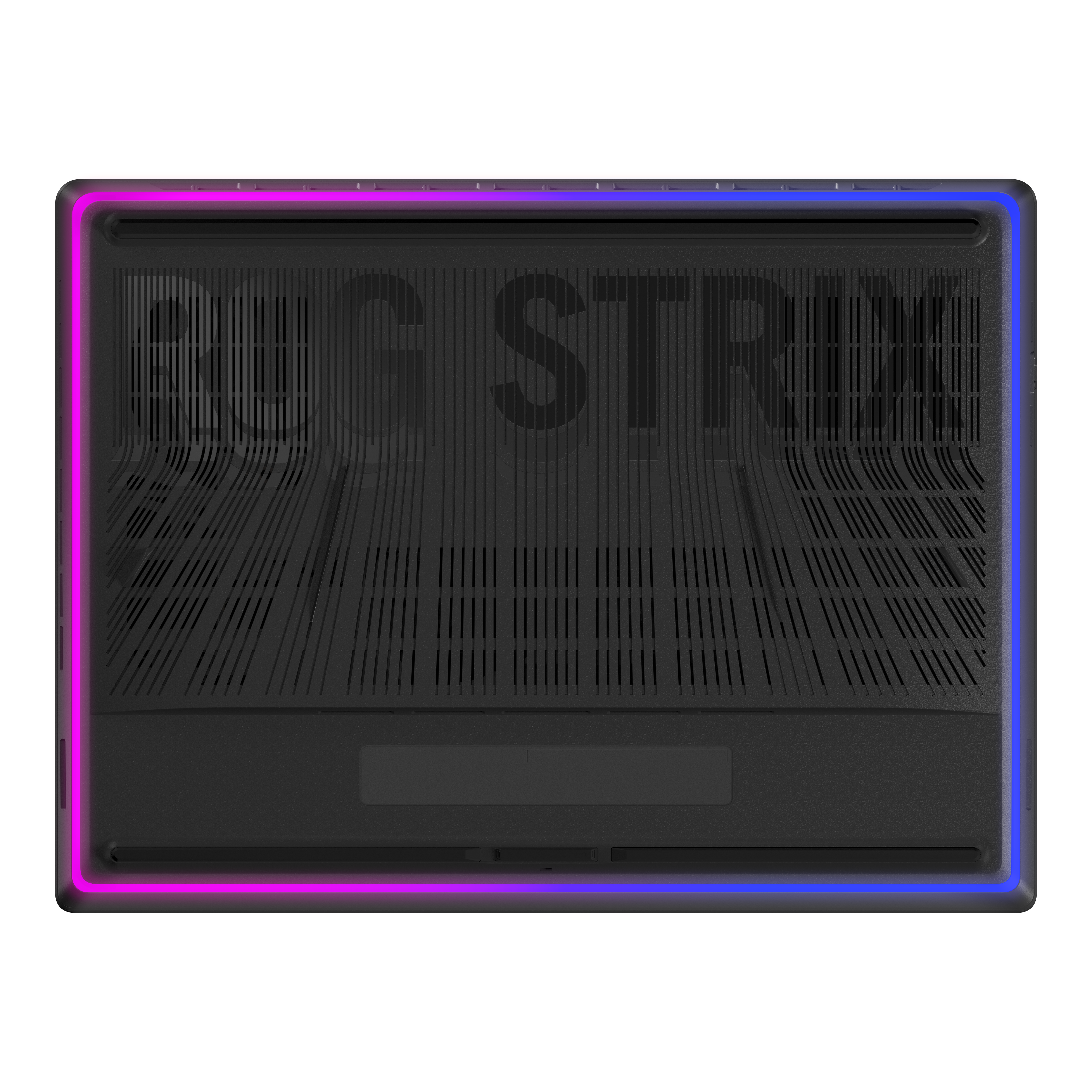 Die Unterseite eines ROG Strix-Laptops mit RGB-Beleuchtung und Textur.
