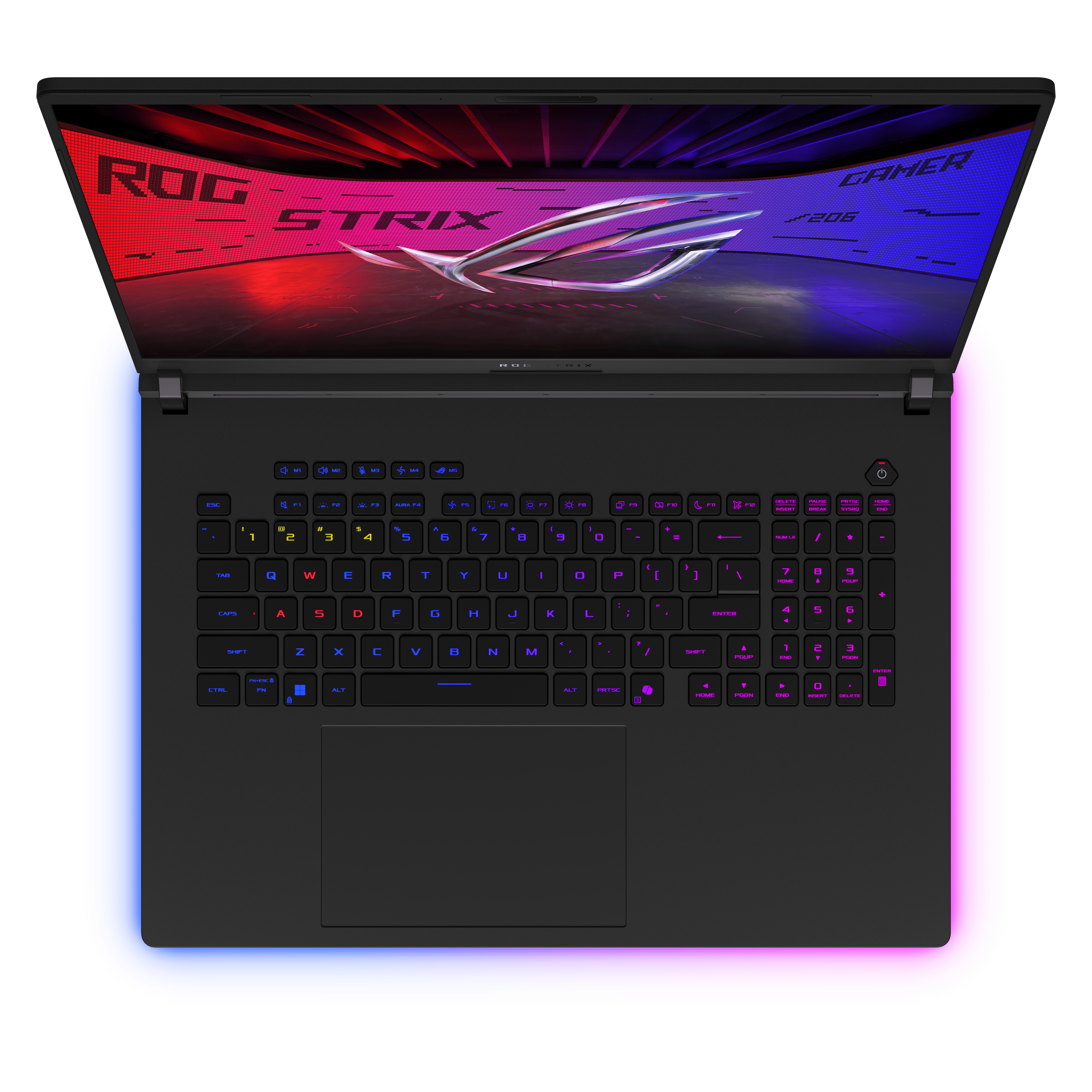 Ein schwarzer Laptop von oben mit beleuchteter Tastatur und ROG Strix Wallpaper auf dem Bildschirm.