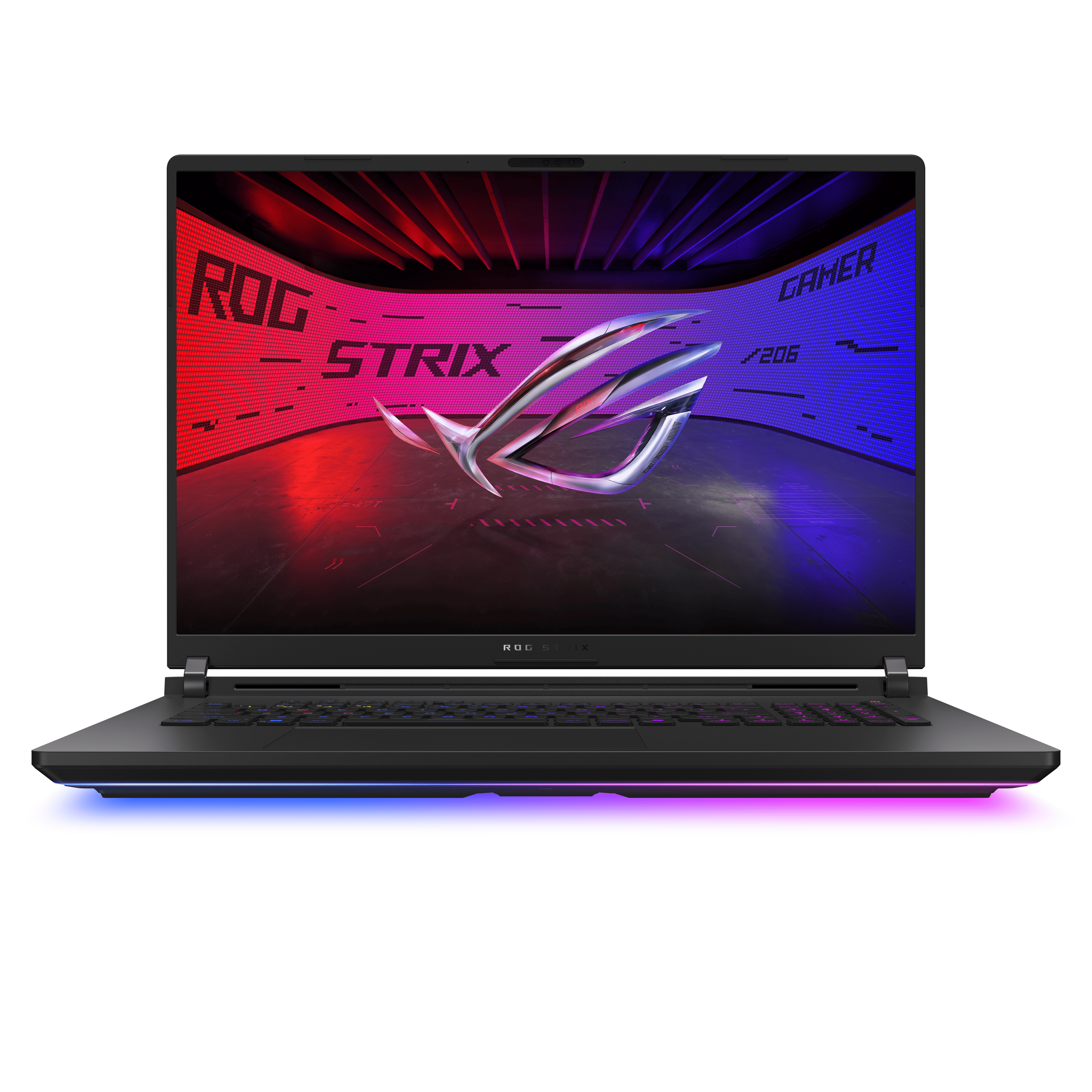 Ein ROG Strix Gaming-Laptop zeigt einen beleuchteten ROG-Schriftzug und eine bunte Tastatur.