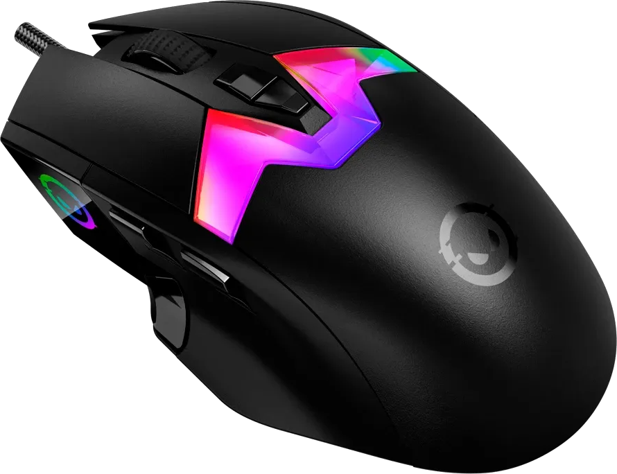 Egy fekete gamer egér élénk RGB világítással a tetején, fekete háttér előtt.
