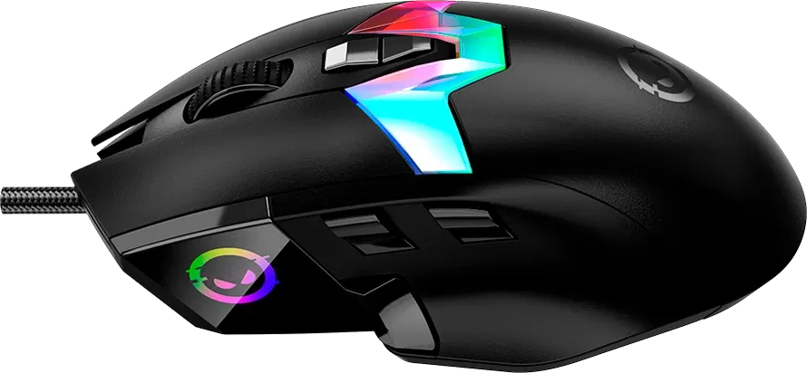 Fekete gamer egér élénk RGB világítással és oldalsó gombokkal, fekete háttér előtt.