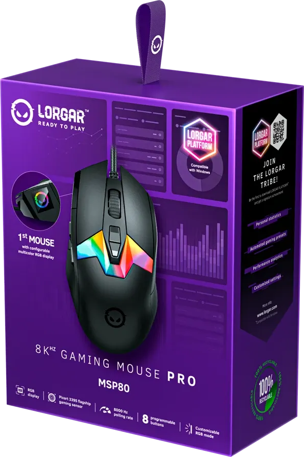 Lorgar MSP80 8kHz gamer egér lila dobozban, RGB világítással és specifikációkkal.