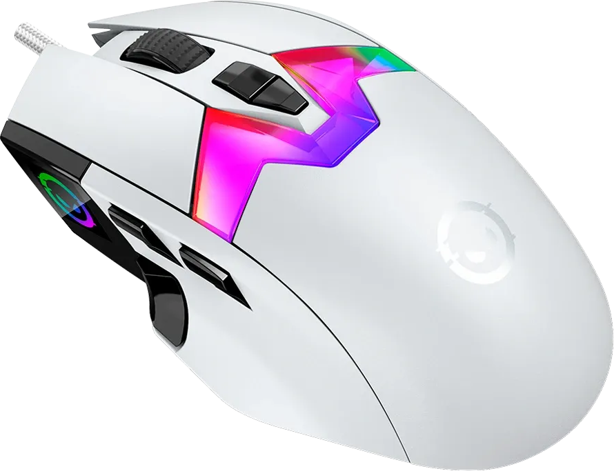 Egy fehér gamer egér RGB világítással és oldalsó gombokkal fekete háttér előtt.