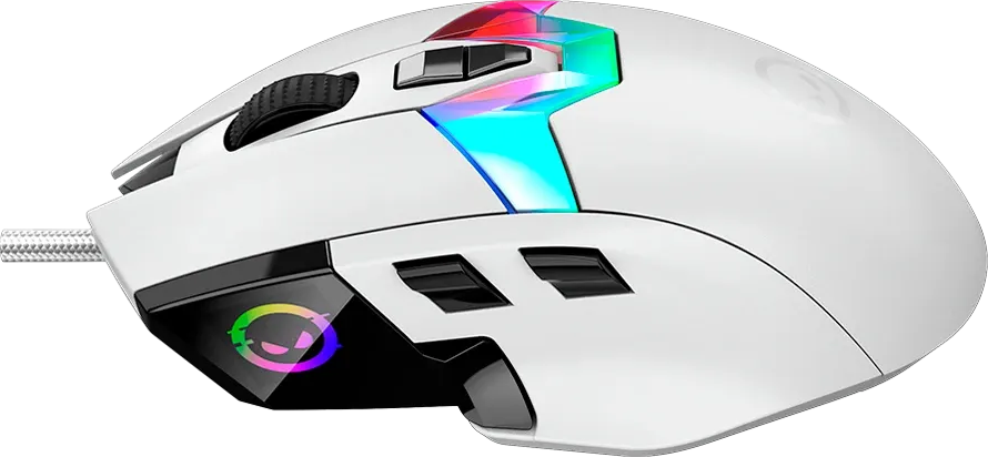 Egy fehér gamer egér színes RGB fényekkel, oldalsó gombokkal és fonott kábellel fekete háttér előtt.