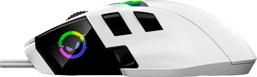 Egy fehér gamer egér RGB világítással és oldalsó gombokkal fekete háttér előtt.