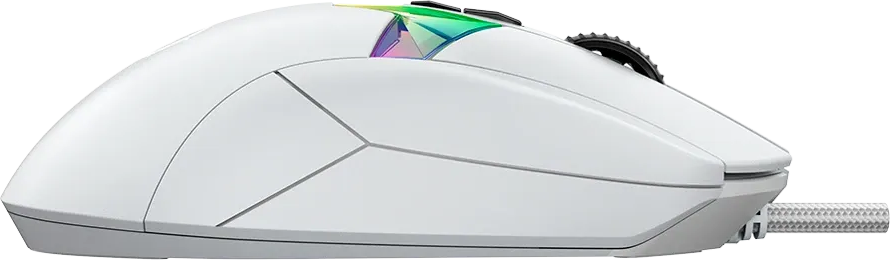 Fehér gamer egér RGB részletekkel profilból, fekete háttér előtt.