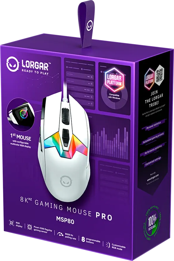 Egy fehér Lorgar MSP80 gamer egér a lila termékdoboza előtt.