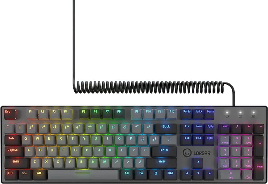 RGB háttérvilágítású mechanikus billentyűzet szürke házzal és spirálkábellel, sötét háttér előtt.