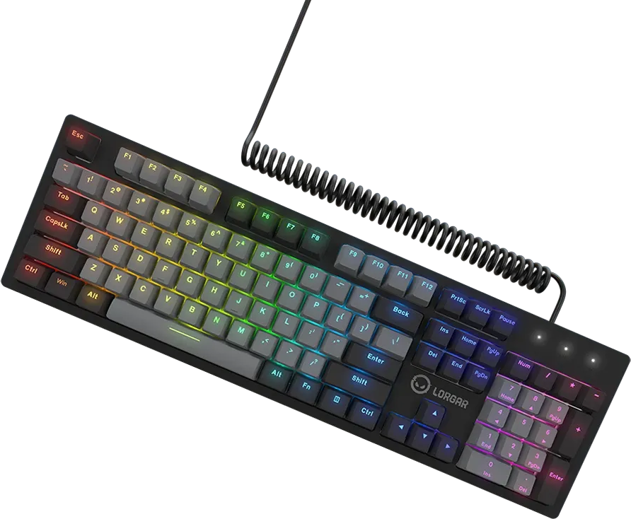 Egy fekete mechanikus billentyűzet RGB háttérvilágítással és spirálkábellel fekete háttér előtt.